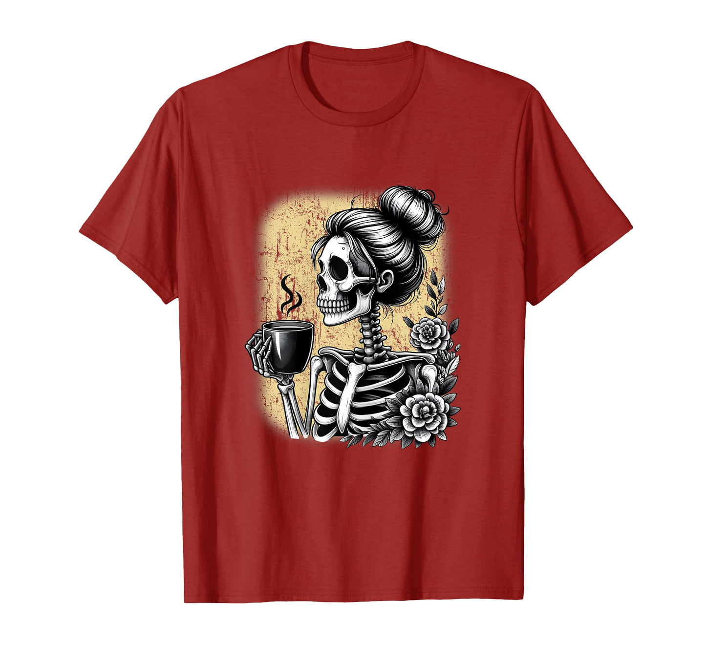 Messy Bun Skeleton Drinking Coffee Vintage Halloween Funny T-Shirt