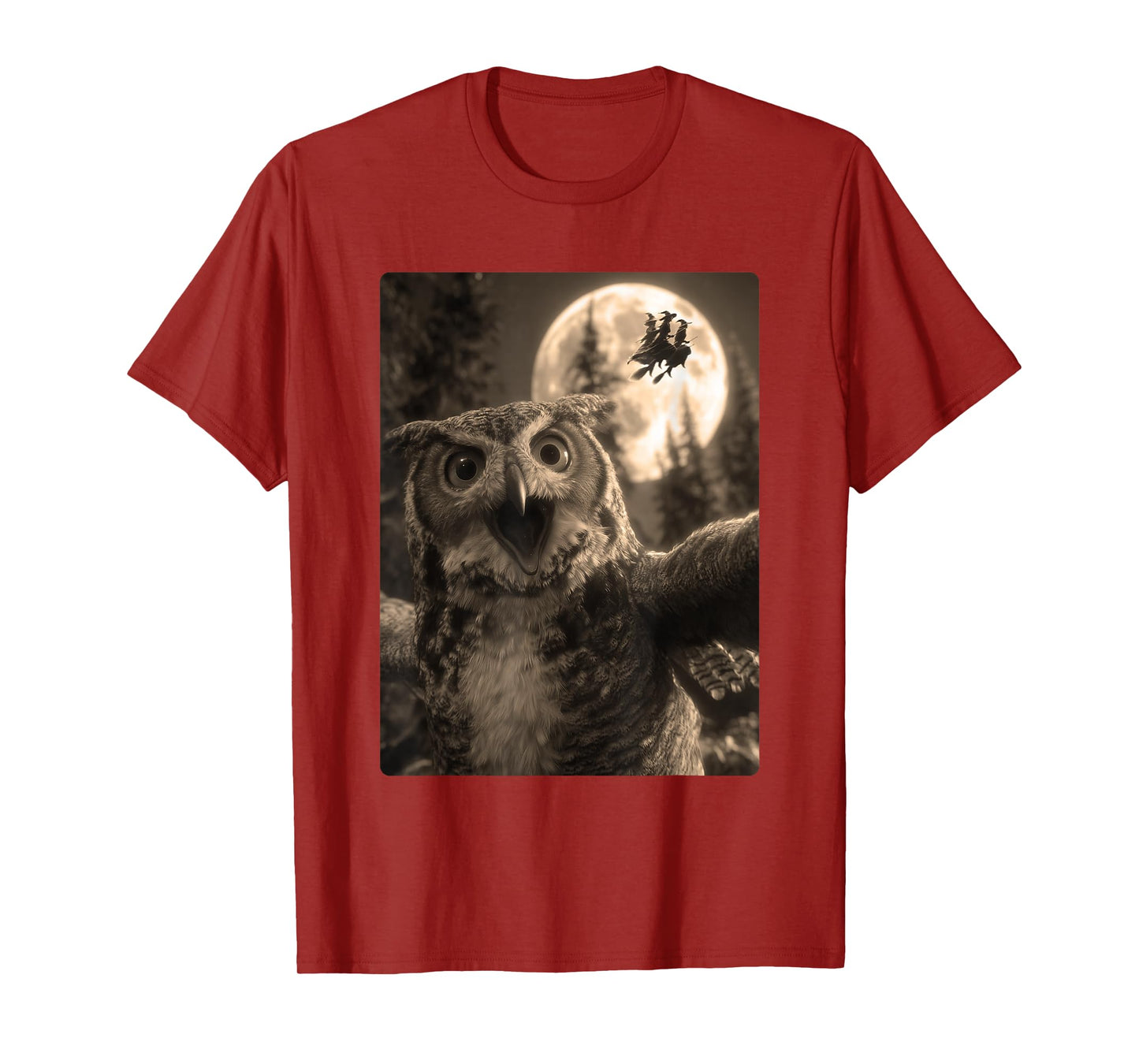 Funny Owl Selfie Full Moon Flying Witches Forest Halloween T-Shirt