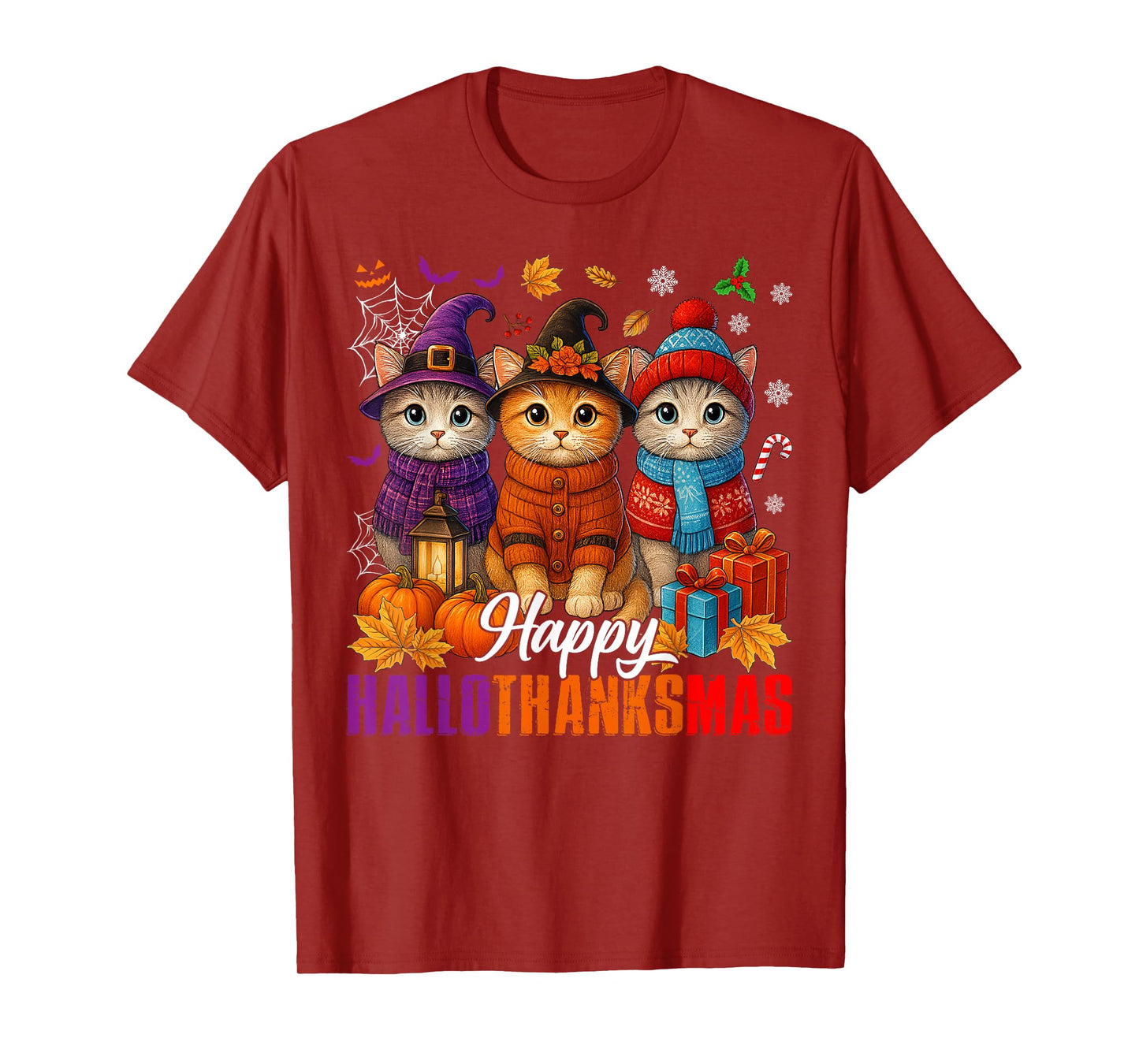 Happy Hallothanksmas Cats Halloween Thanksgiving Christmas T-Shirt