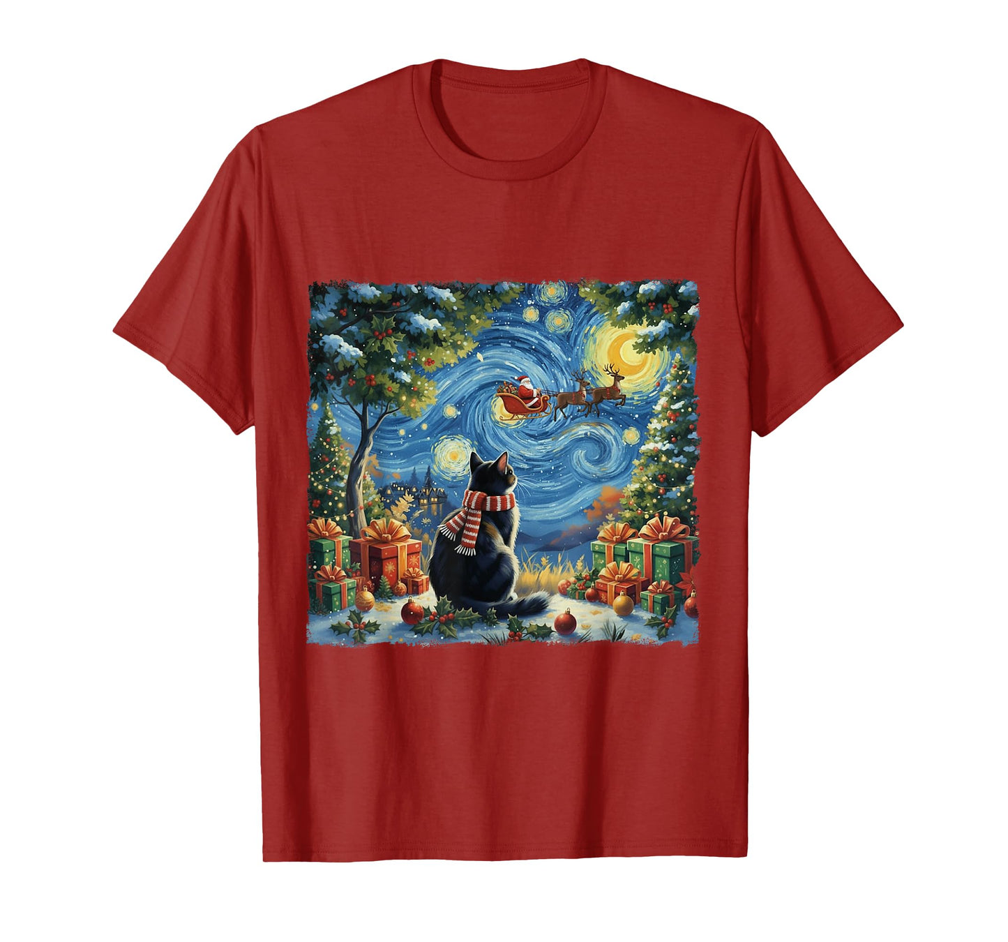 Christmas Cat Starry Night Holiday Van Gogh Xmas Santa Gifts T-Shirt