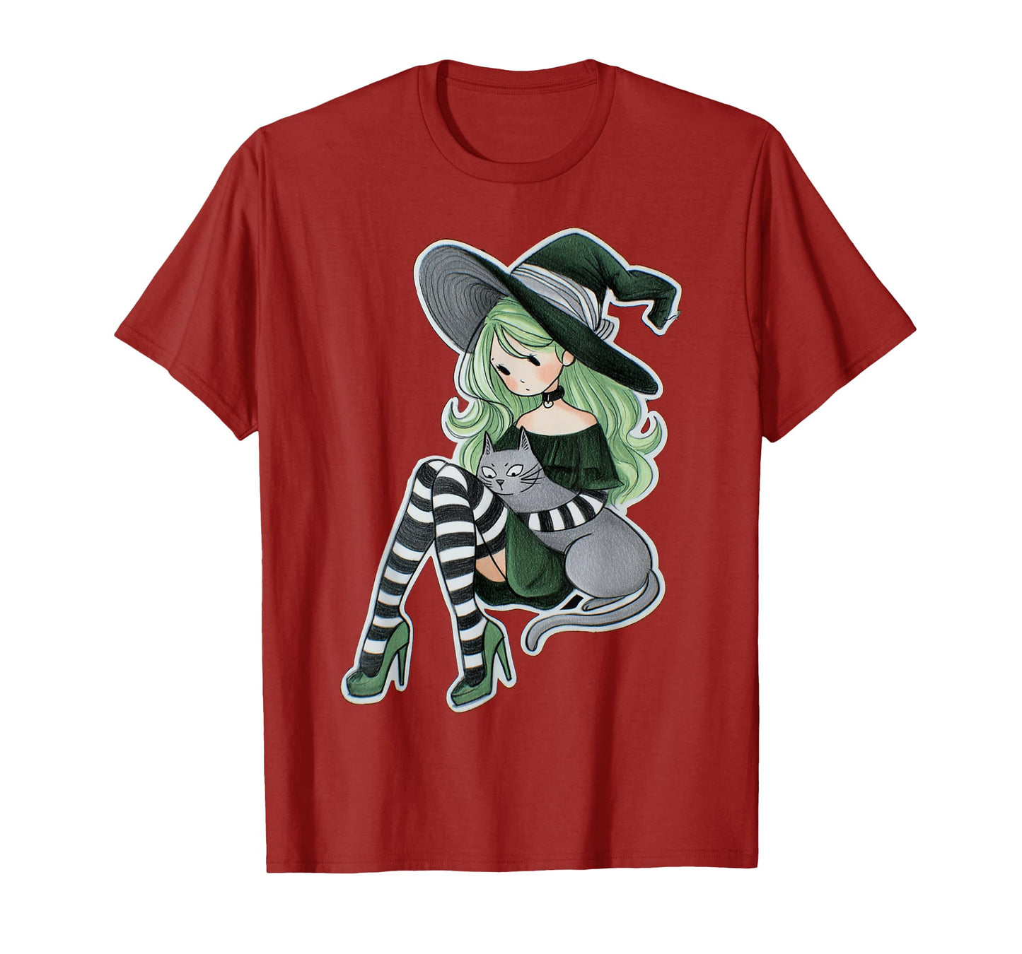 Sexy Witch Green Hair Black White Stockings Cat Halloween T-Shirt