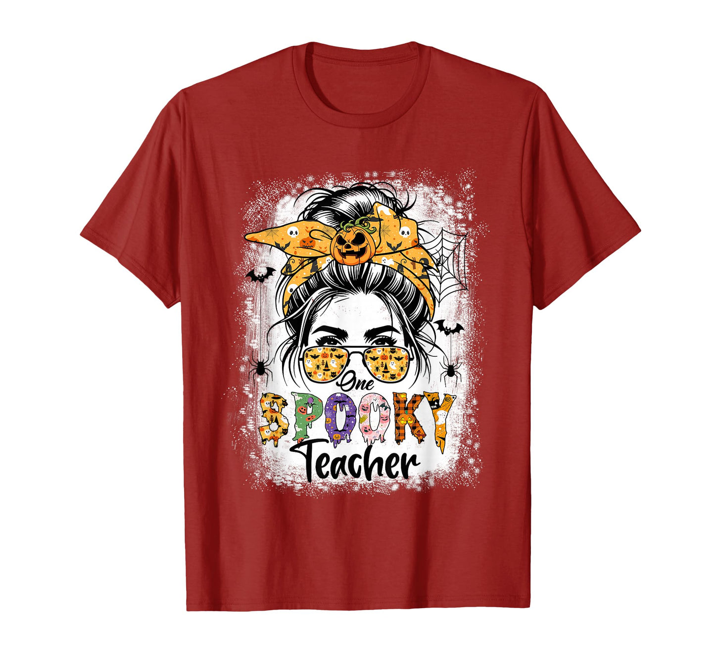 One Spooky Teacher for Halloween Messy Bun Mom Bleached T-Shirt