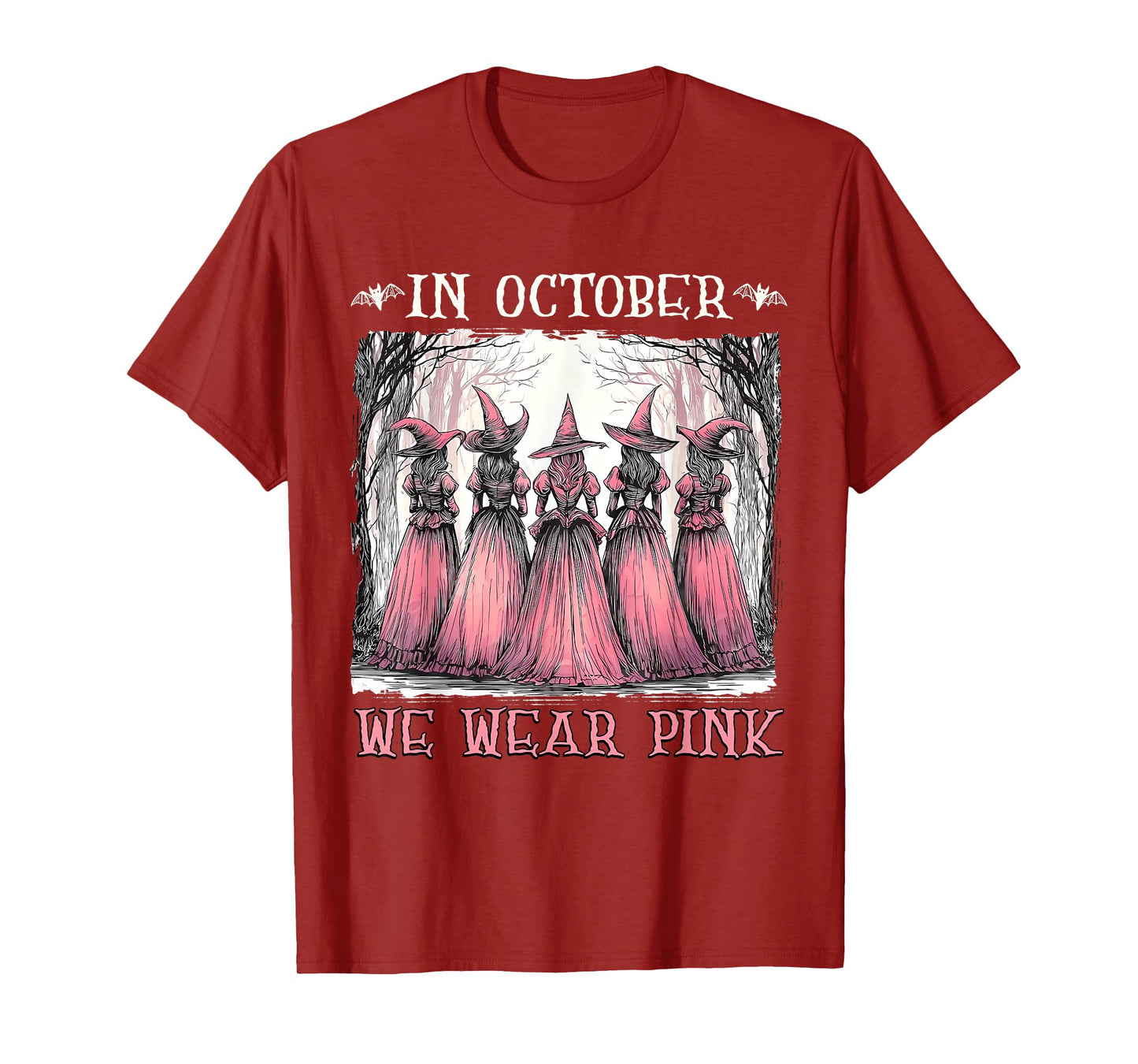 in October We Wear Pink Witch Halloween Breast Cancer T-Shirt