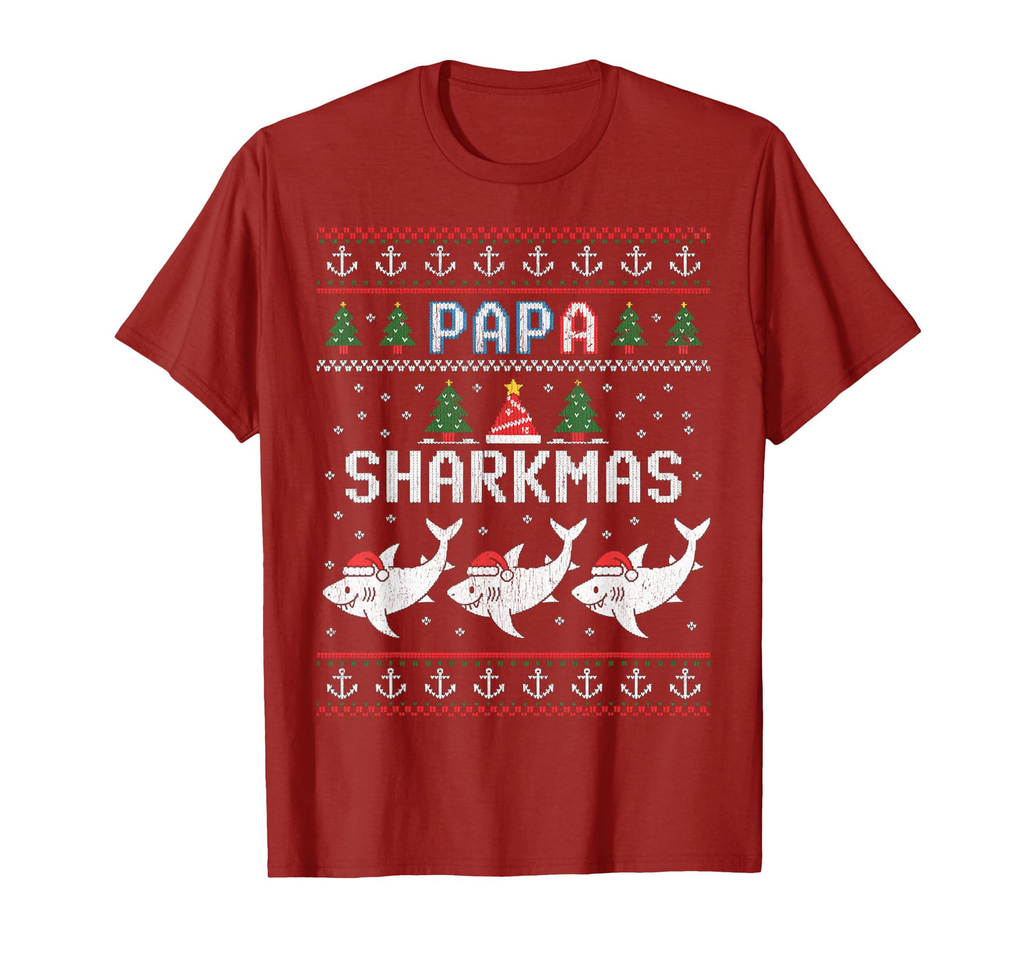 Papa Sharkmas Funny Shark Santa Hat Ugly Christmas Sweater T-Shirt
