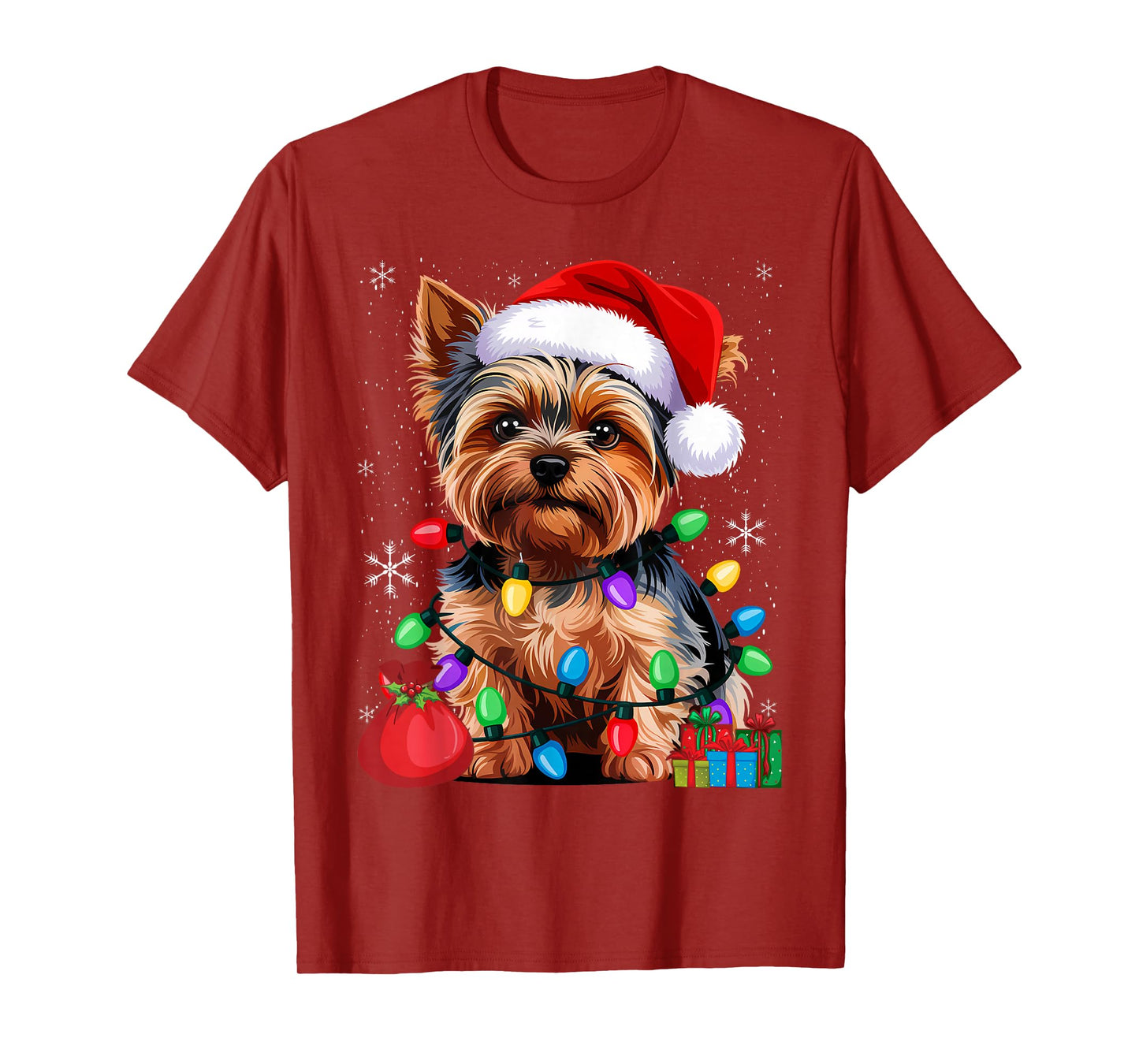 Yorkshire Christmas Yorkie Dog Santa Hat Lights T-Shirt