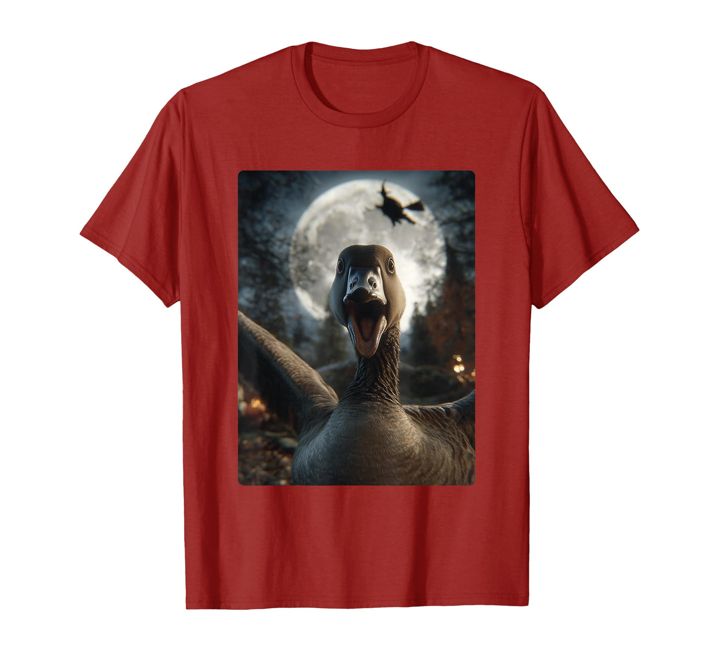 Funny Goose Selfie Full Moon Flying Witch Forest Halloween T-Shirt