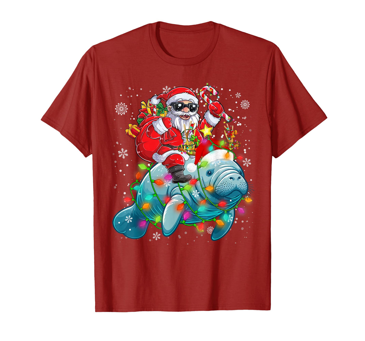 Santa Riding Manatee Reindeer Christmas Lights Sea Animal T-Shirt