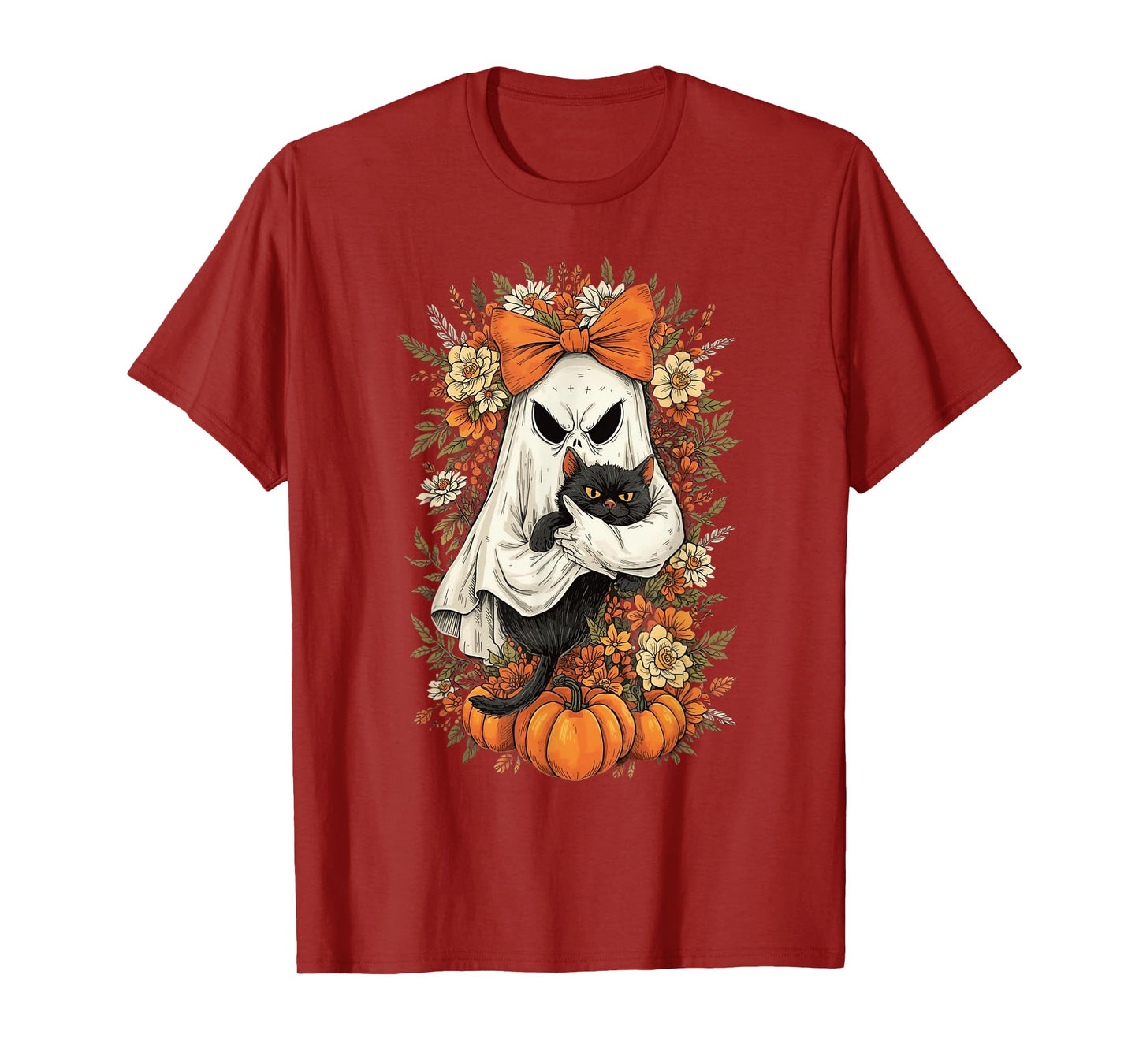 Vintage Halloween Ghost Holding Black Cat Groovy Floral T-Shirt