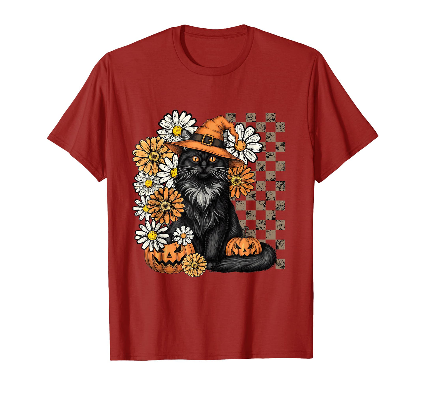 Vintage Halloween Feline Pumpkin Fall Checkerboard T-Shirt