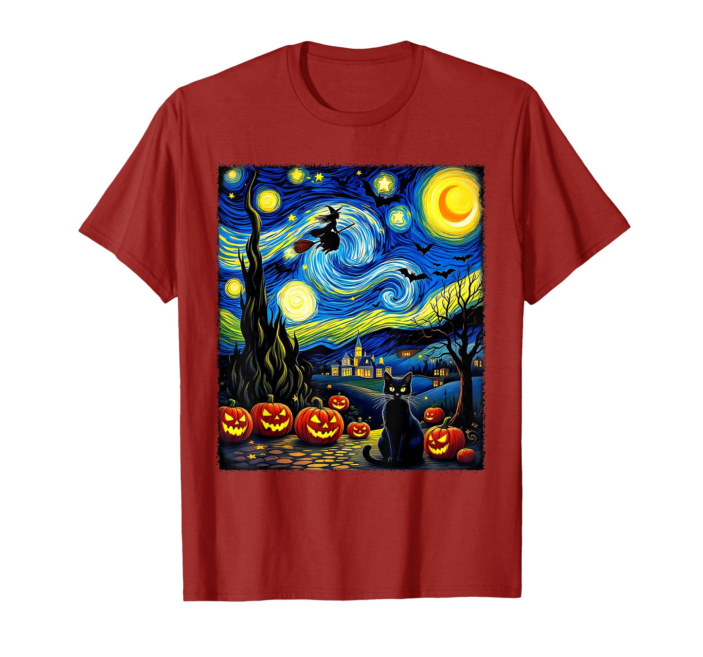 Black Cat Flying Witch Van Gogh Starry Night Party Costume T-Shirt