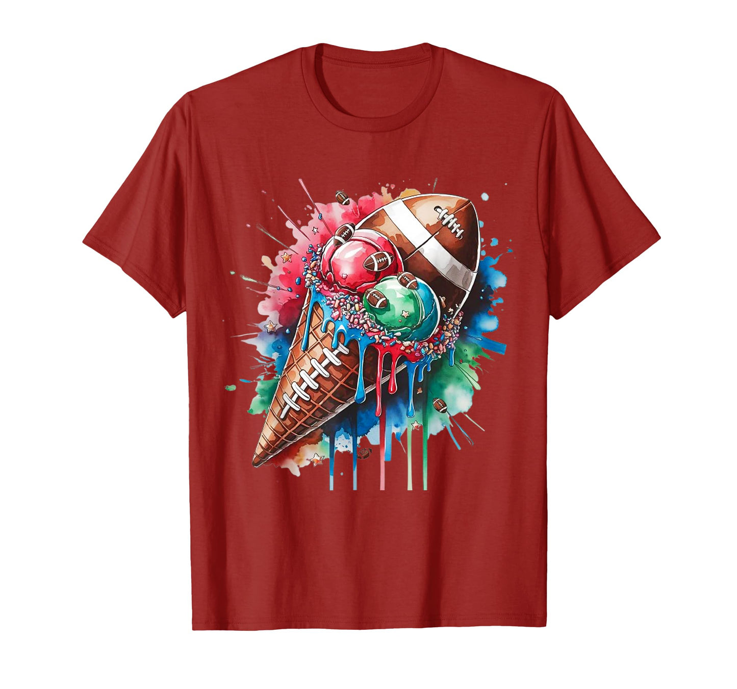Football Drip Ice Cream Watercolor Cone with Sprinkles T-Shirt