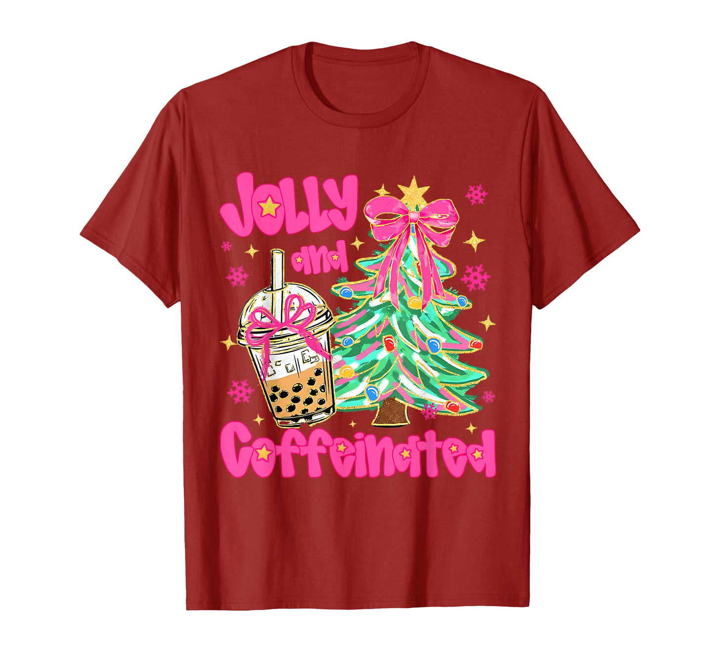Jolly & Caffeinated Coffee Coquette Bow Xmas Tree Christmas T-Shirt