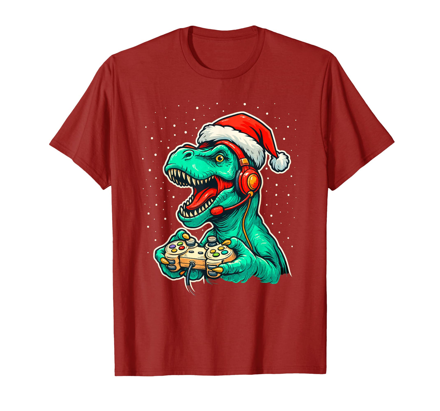 Dinosaur T Rex Playing Video Game Santa Hat Christmas T-Shirt