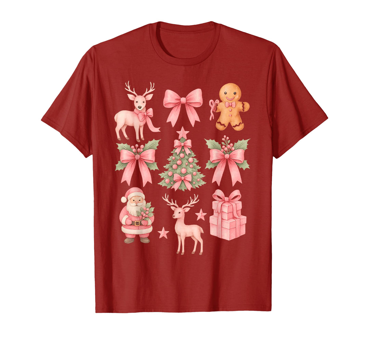 Preppy Coquette Bow Pink Christmas Tree Santa Gingerbread T-Shirt