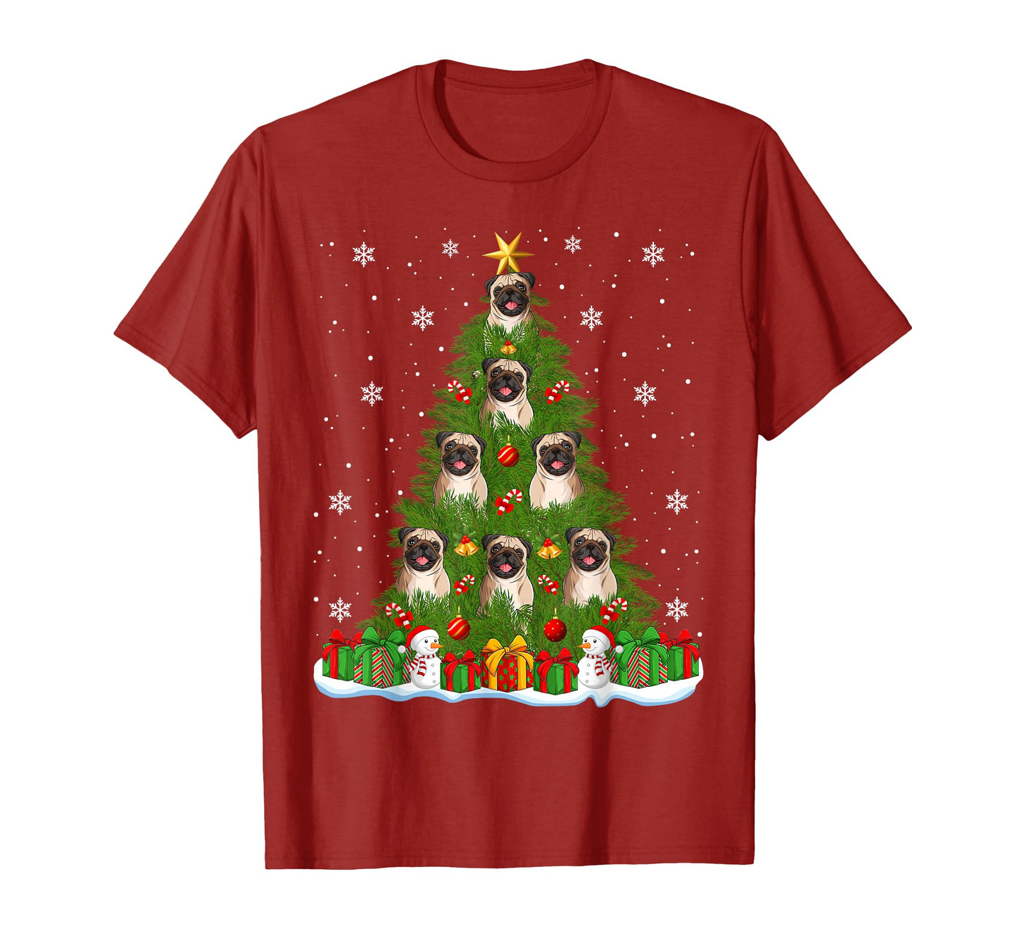 Pug Dogs Christmas Tree Holiday Decor Funny Pug Xmas Lights T-Shirt