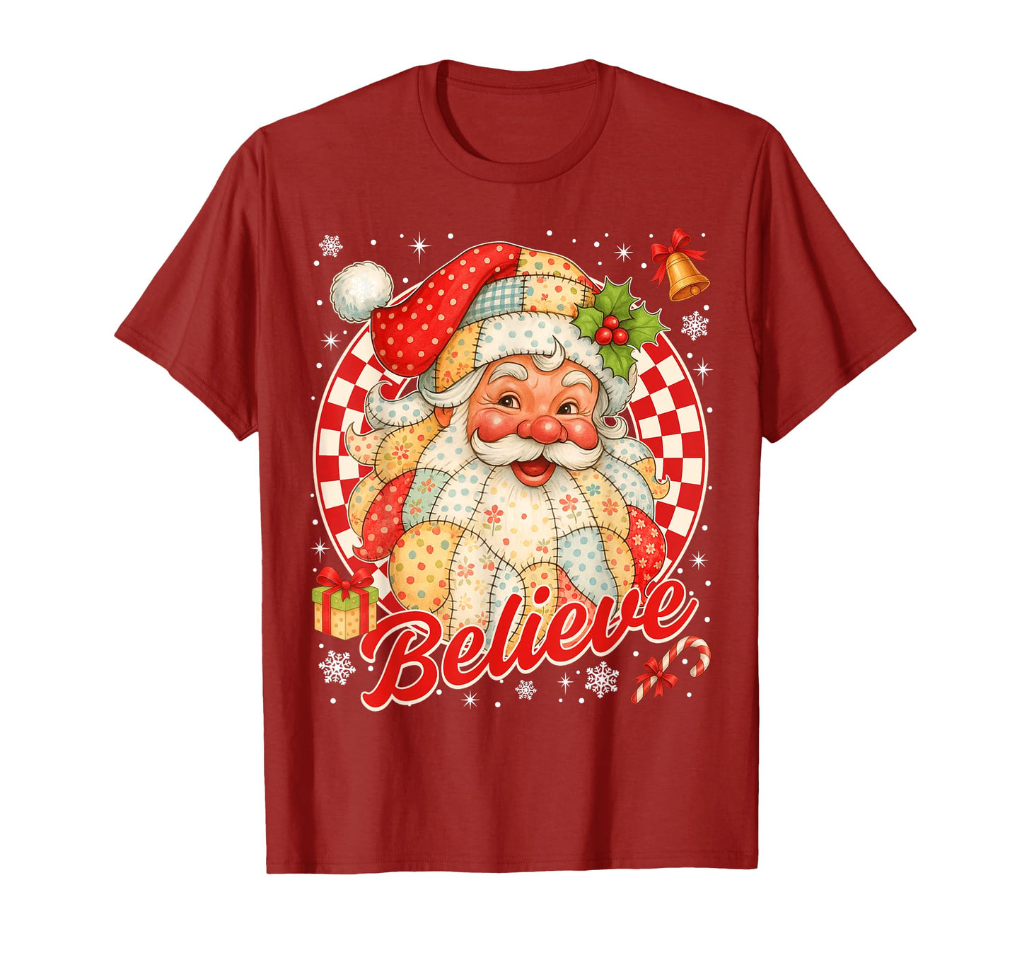 Vintage Santa Claus Believe Patchwork Christmas Women Girls T-Shirt