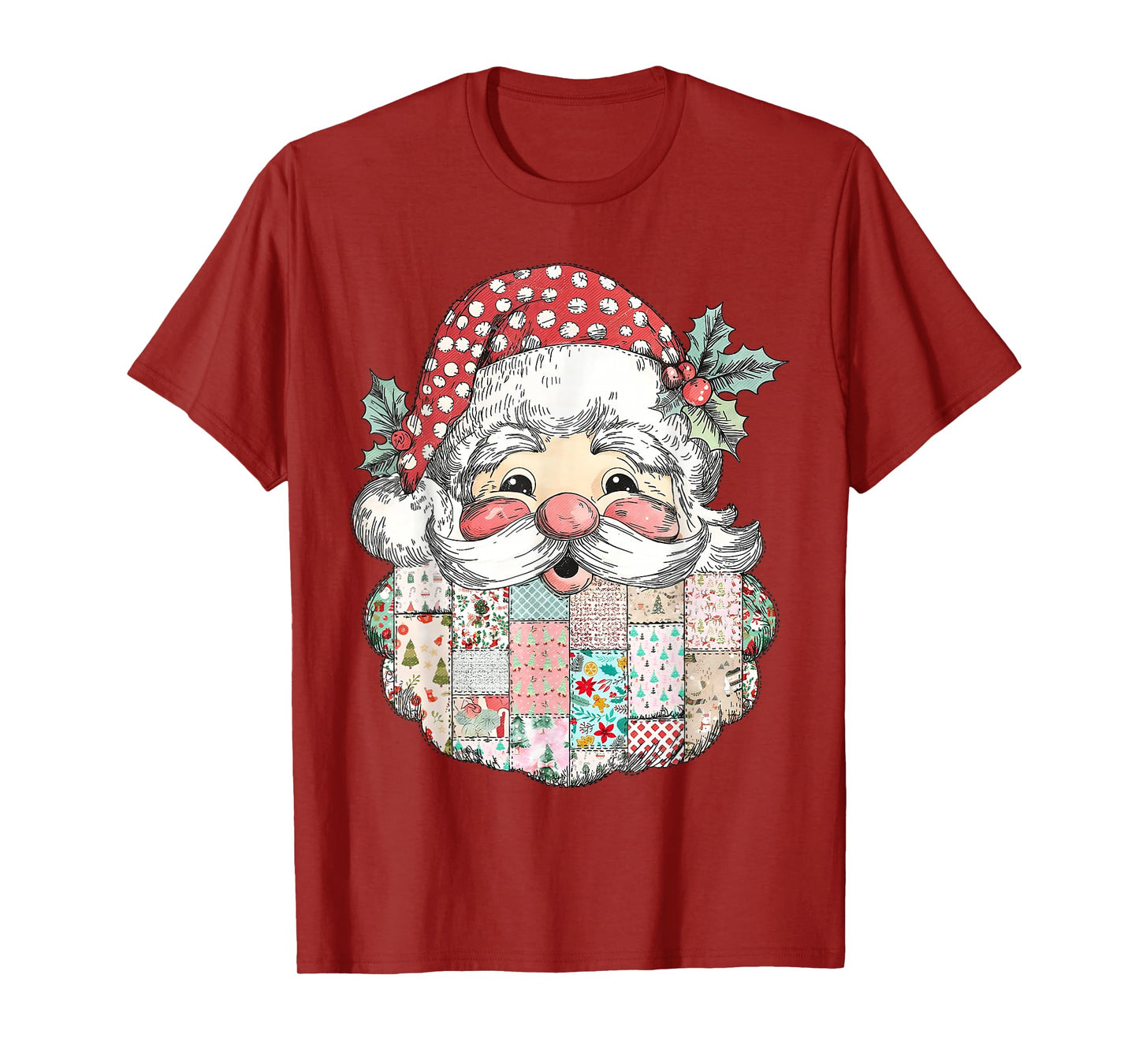 Patchwork Santa Claus Face Vintage Merry Christmas Xmas T-Shirt