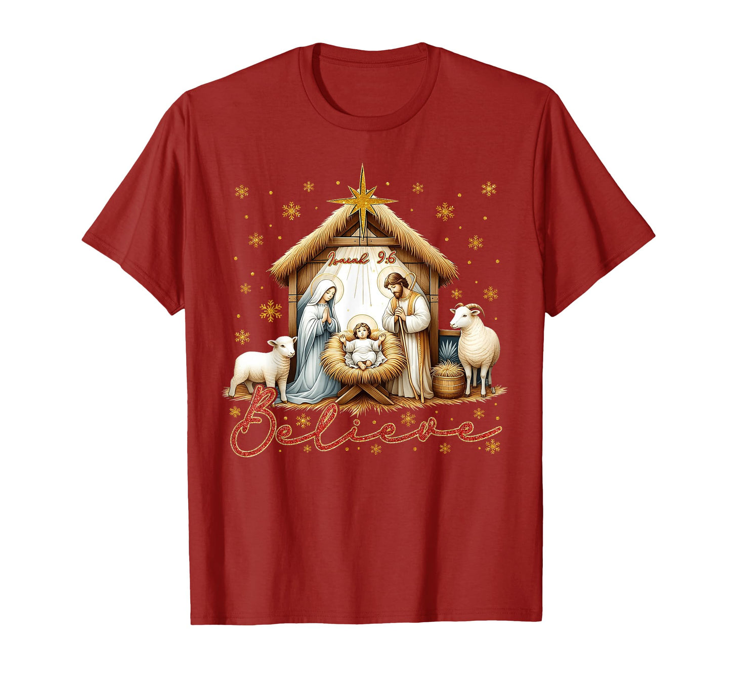 Nativity Scene BELIEVE Christian Family Merry Christmas T-Shirt