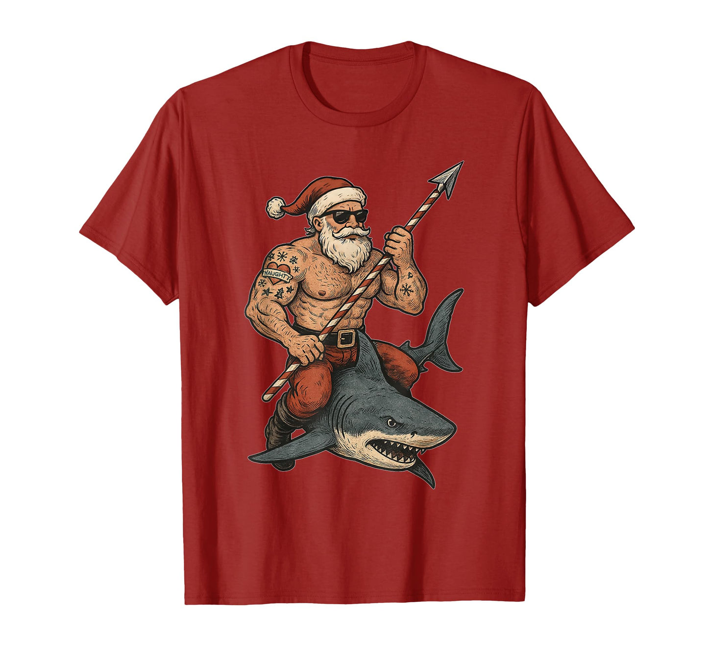 Tattooed Muscular Santa Shark Funny Xmas Holidays T-Shirt