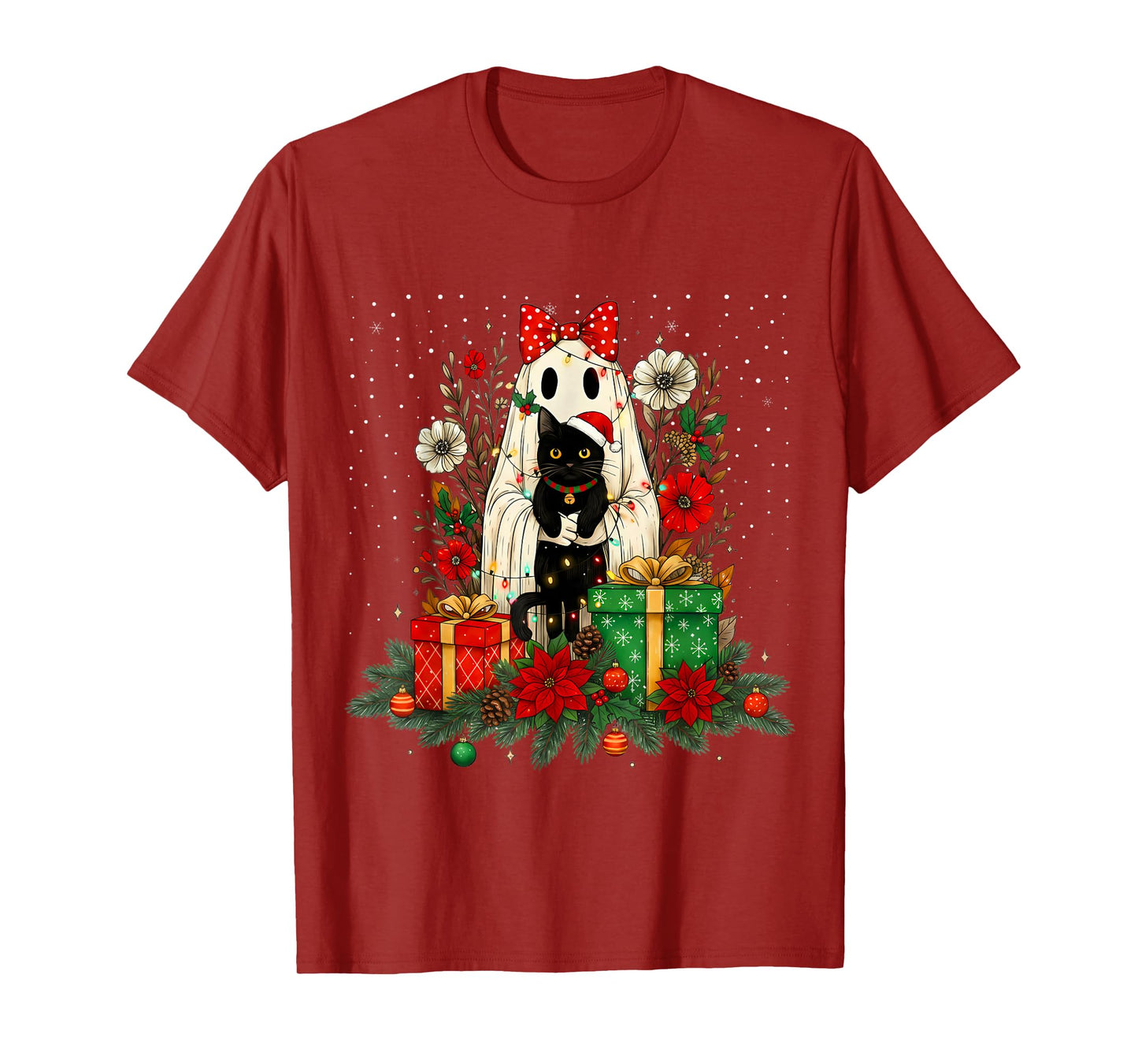 Vintage Christmas Ghost Holding Black Cat Groovy Floral T-Shirt