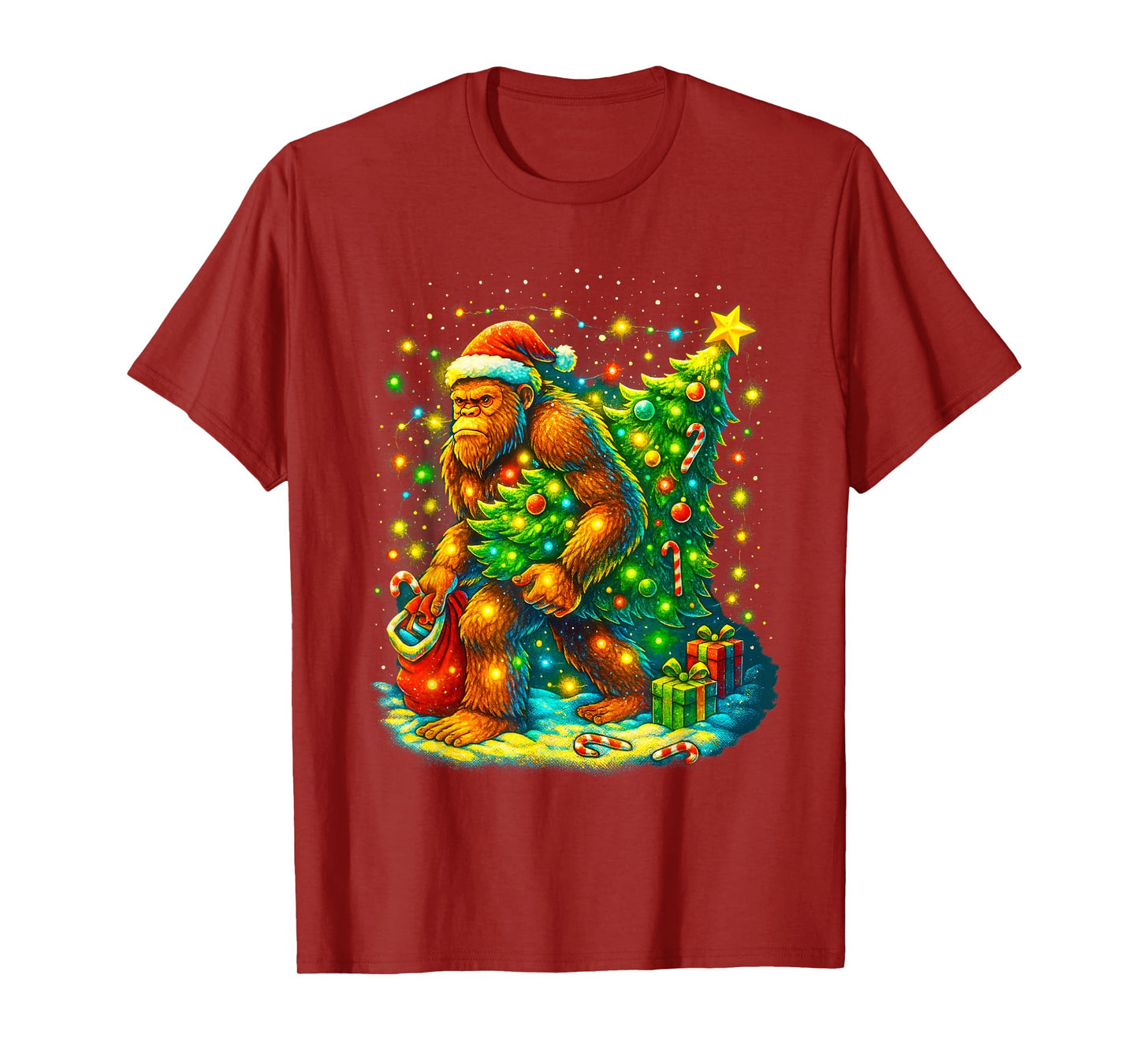 Santa Bigfoot Christmas Tree Funny Sasquatch Xmas Lights T-Shirt