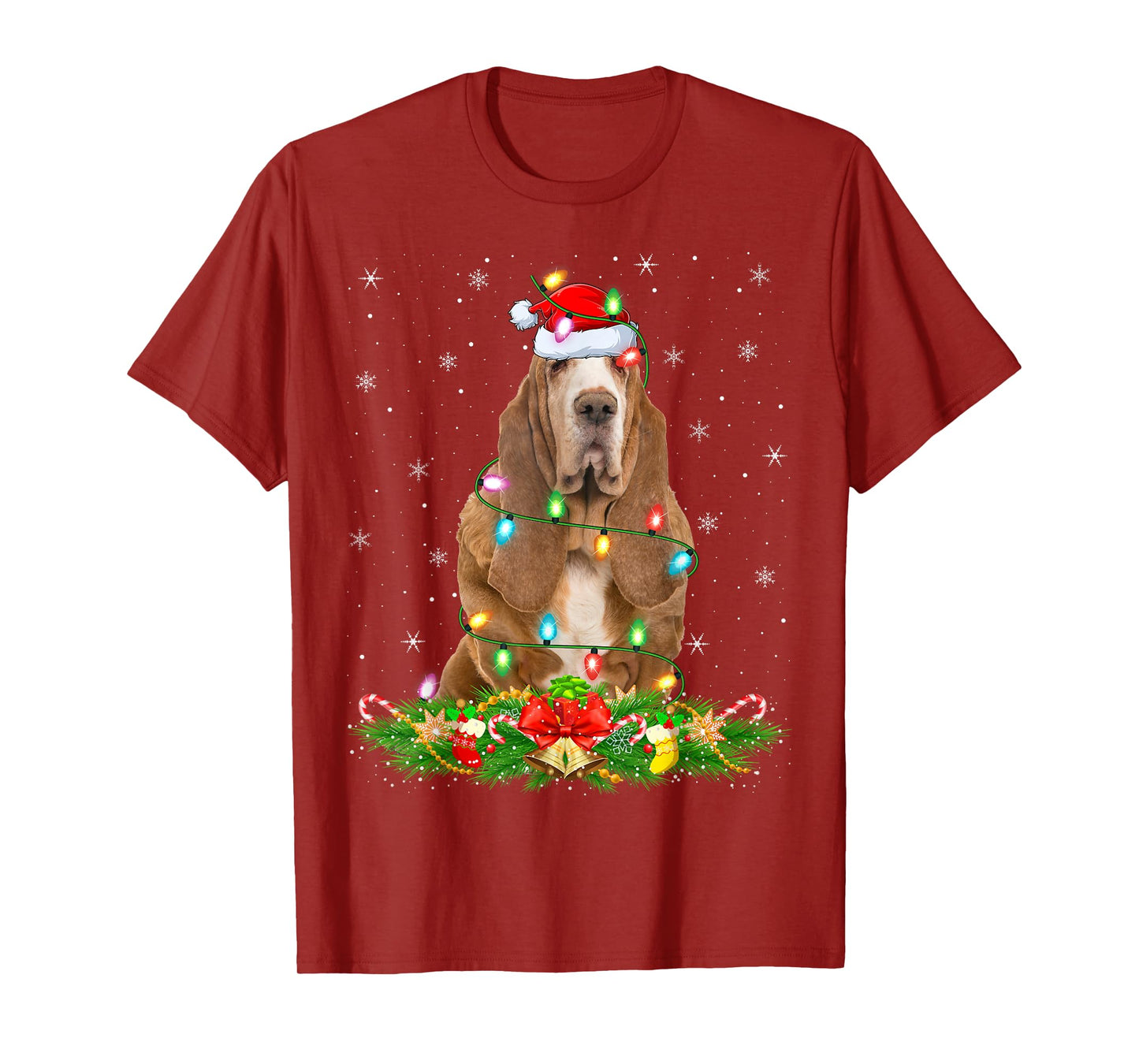 Basset Hound Dog Christmas Lights Funny Santa Hat Xmas T-Shirt