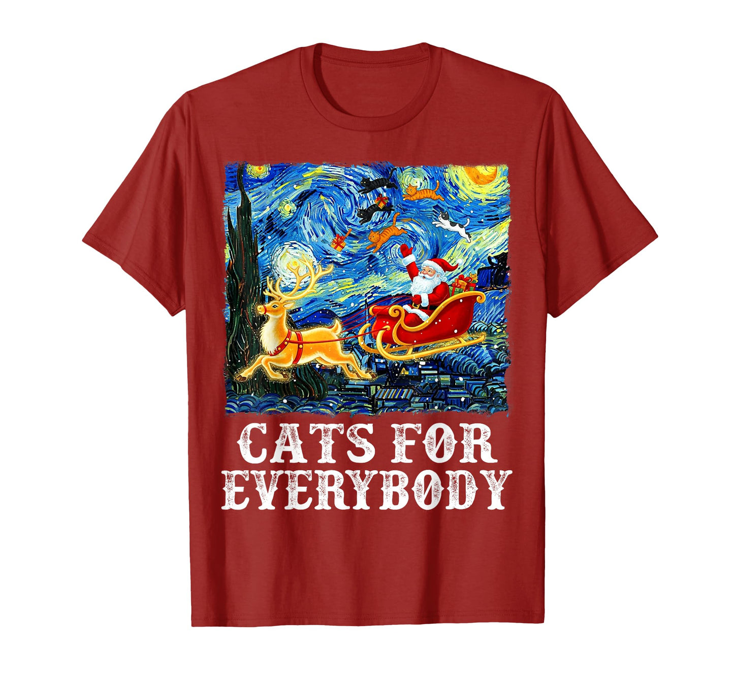 Cats for Everybody Funny Santa Reindeer Starry Night Xmas T-Shirt