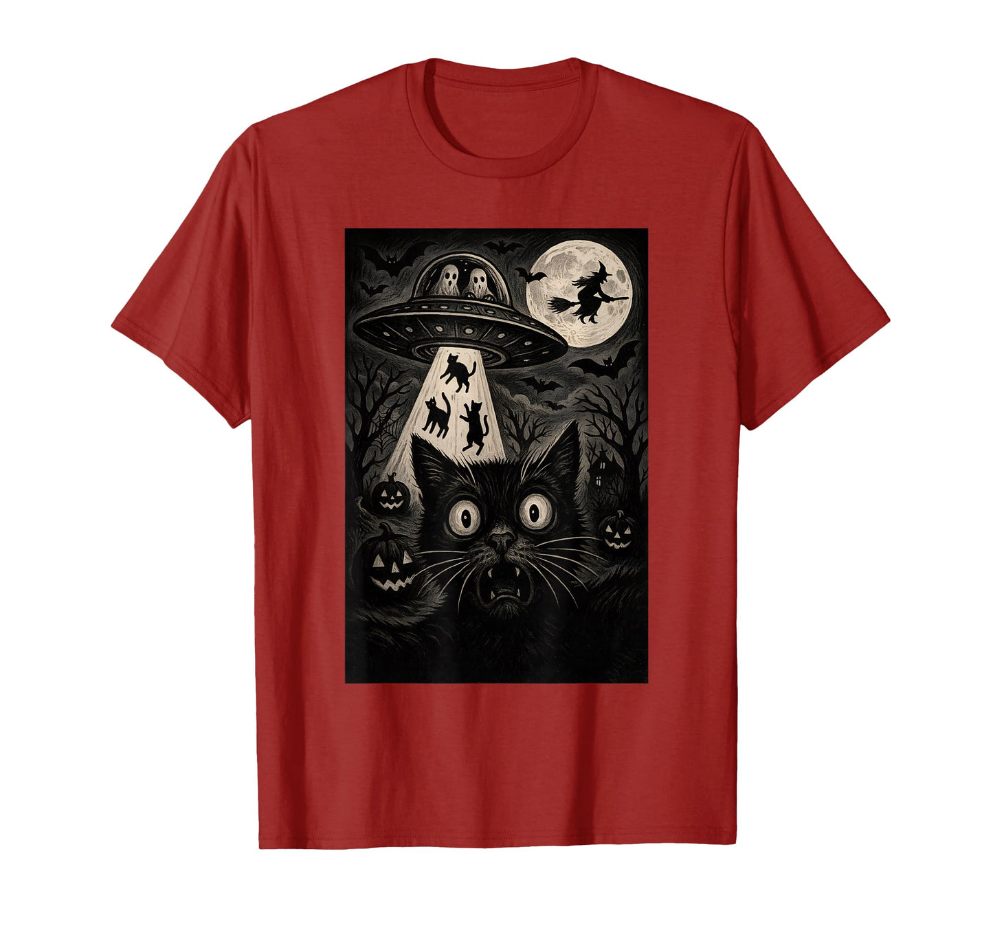 Halloween Cat Selfie Spooky Alien Abduction Cats UFO Flying T-Shirt