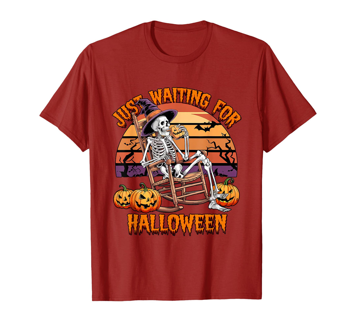 Funny Just Waiting for Halloween Pumpkin Skeleton Witch Meme T-Shirt