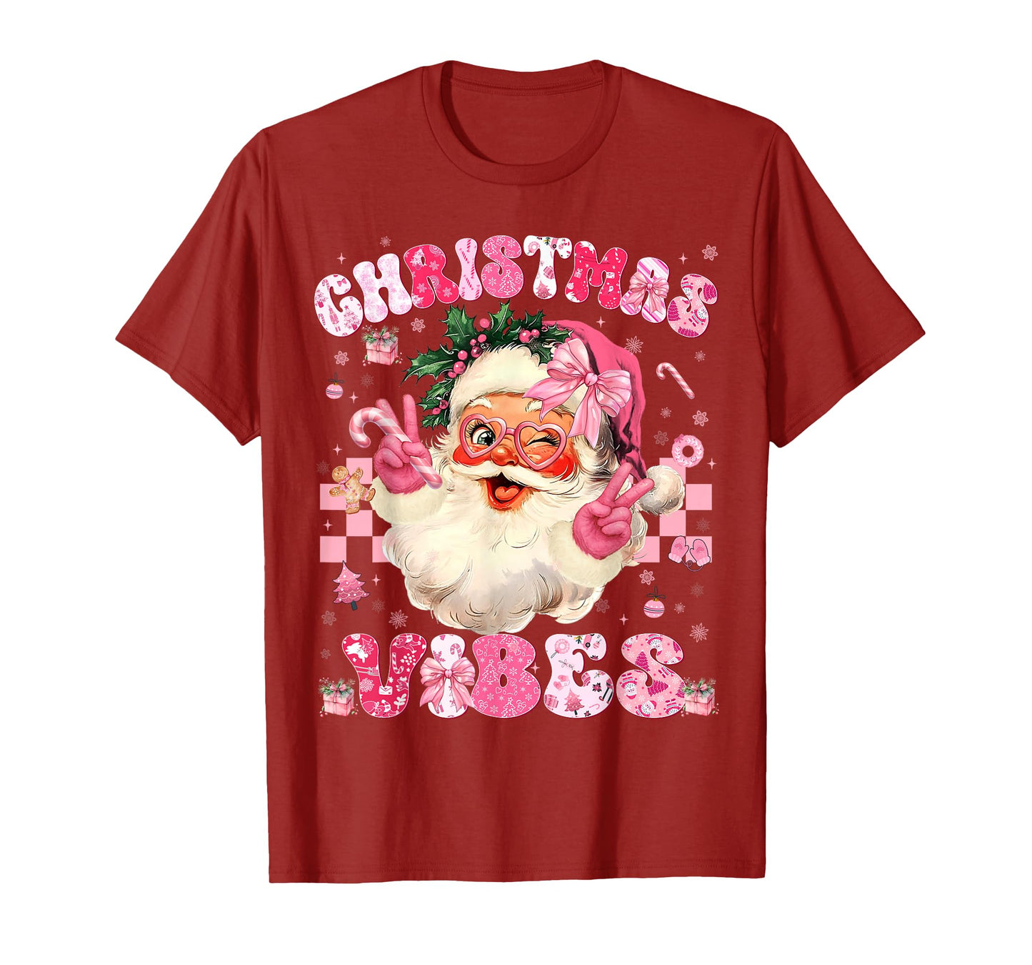 Christmas Vibe Cute Pink Santa Christmas Xmas Women Girl T-Shirt