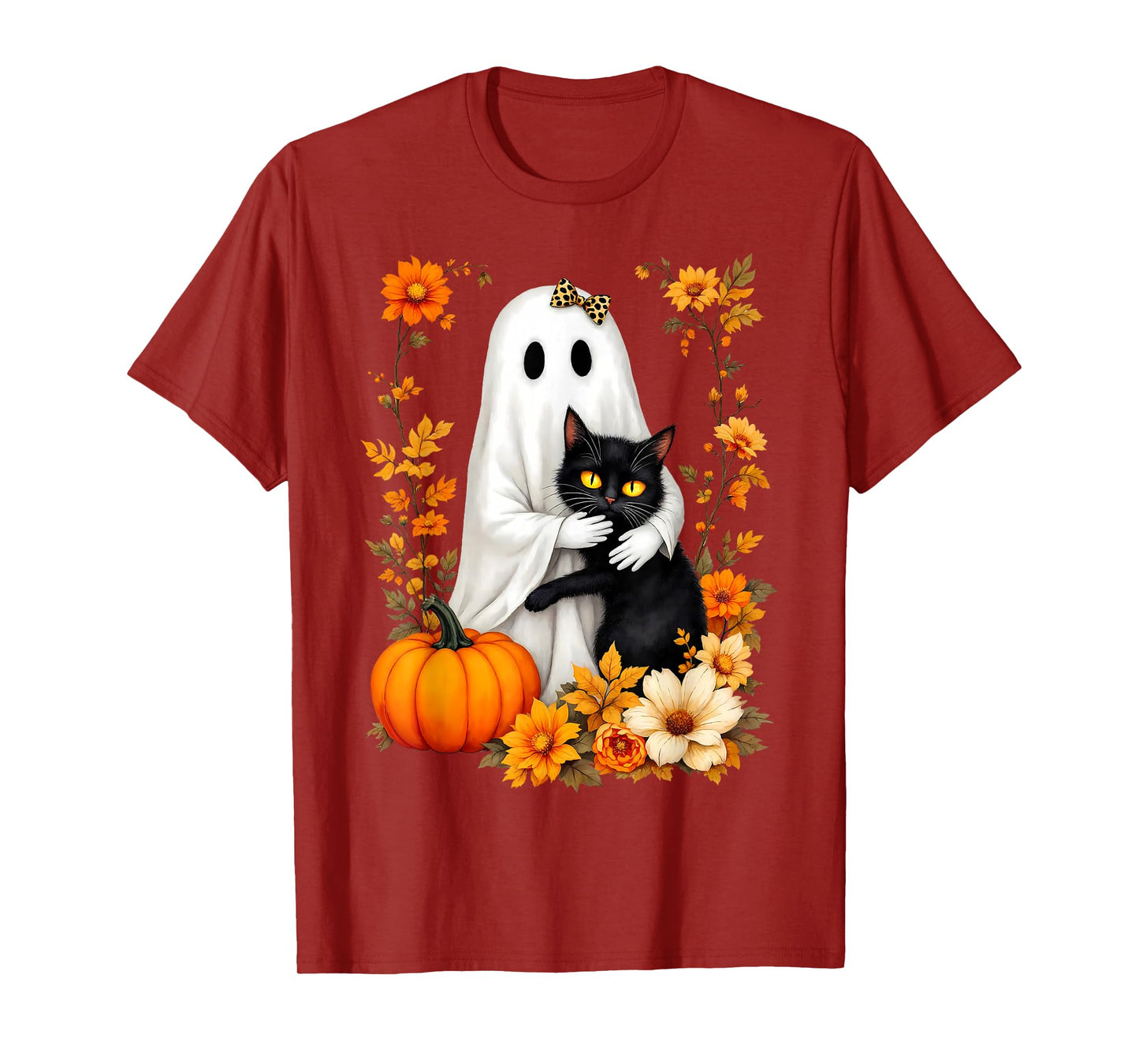 Ghost Hugging Black Cat Halloween Cats Lover Women Floral T-Shirt