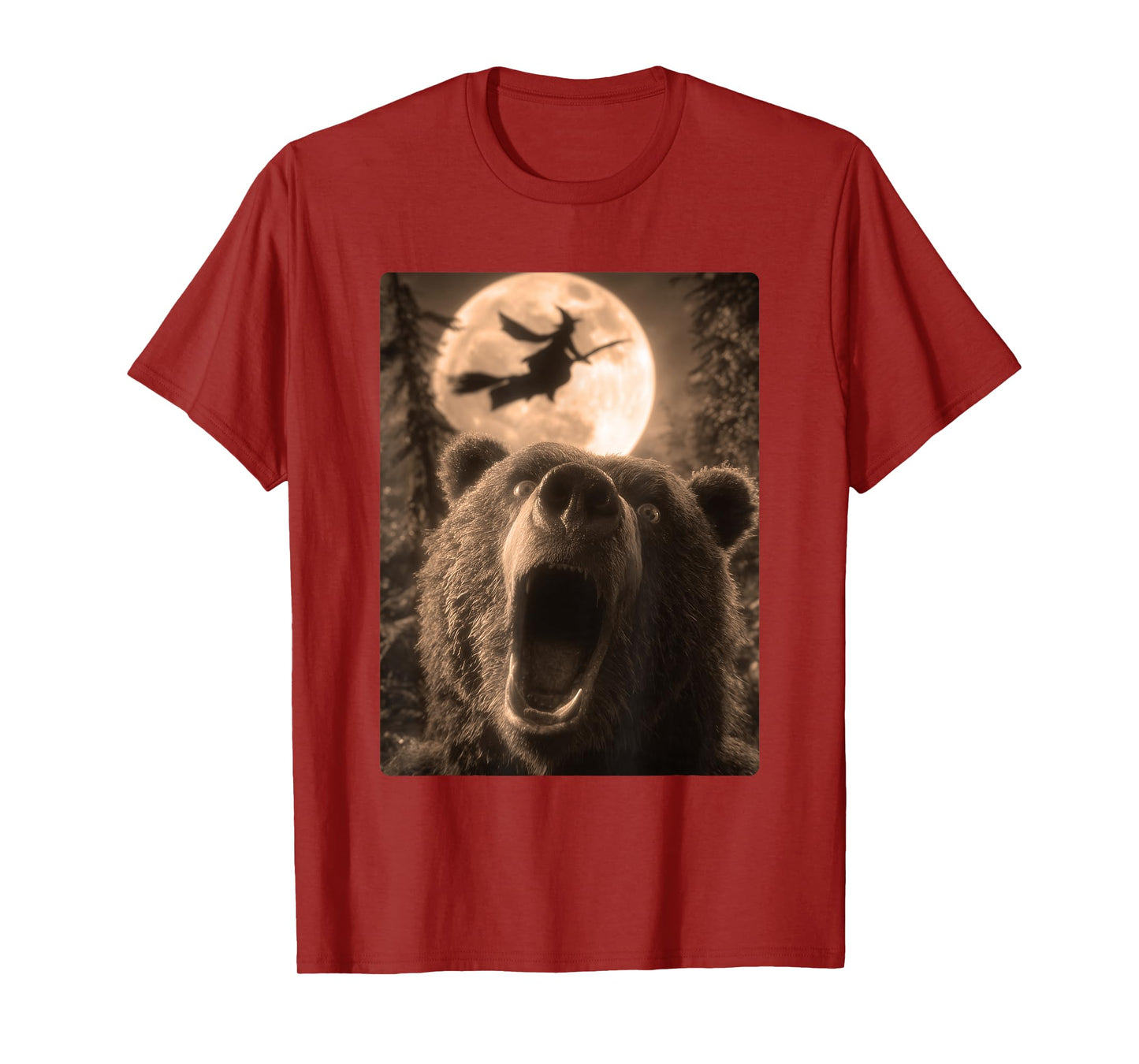Funny Bear Selfie Full Moon Flying Witch Forest Halloween T-Shirt