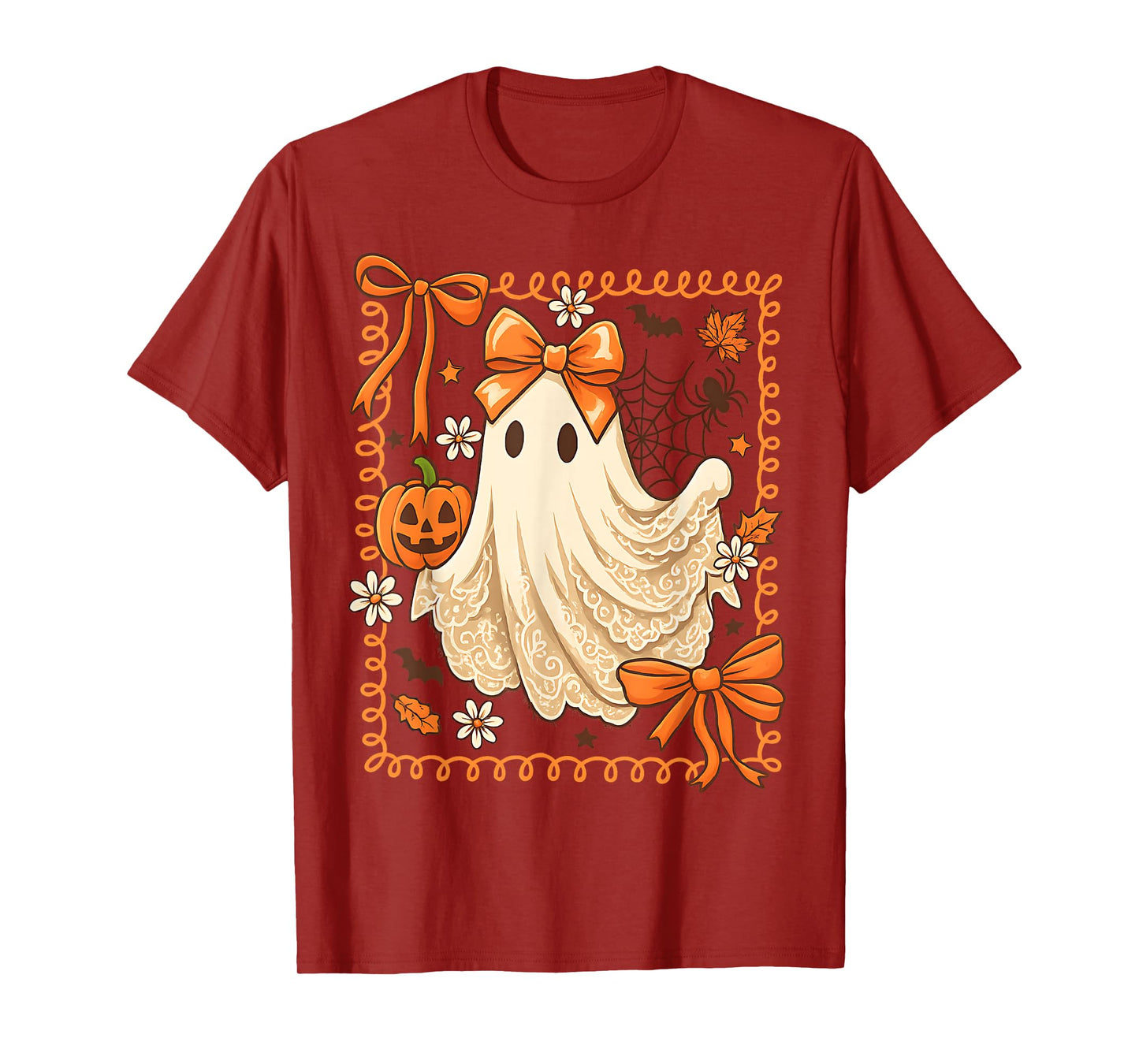 Preppy Lace Ghost With Bow Lace Pumpkin Season Halloween T-Shirt