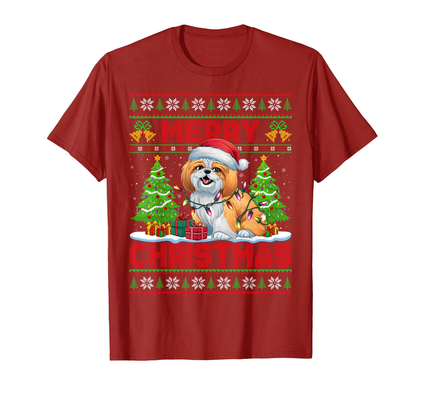 Shih Tzu Ugly Christmas Sweaters Funny Pet Dog Lights Xmas T-Shirt