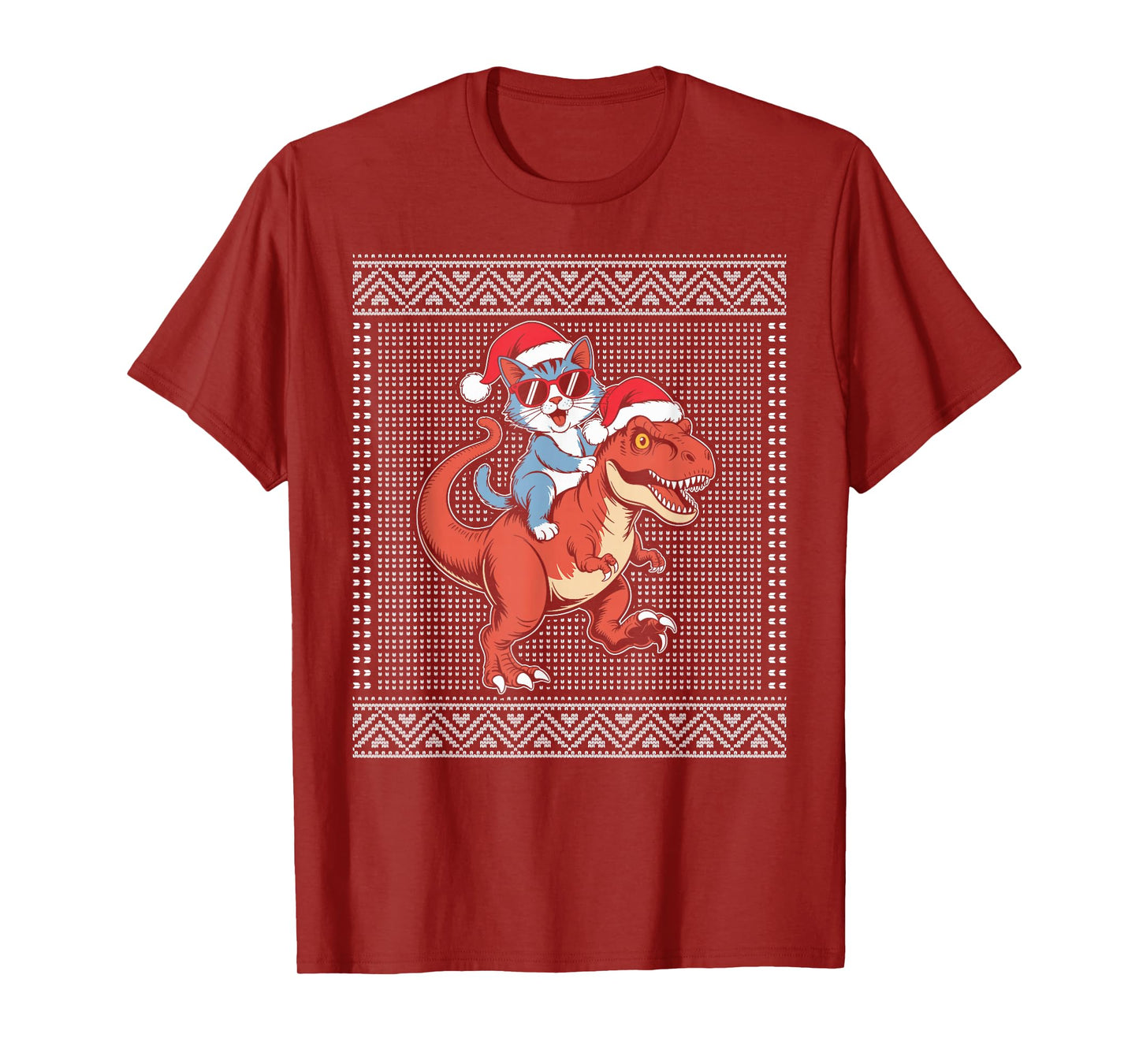 Cat Riding a t rex Ugly Christmas Sweater T-Shirt