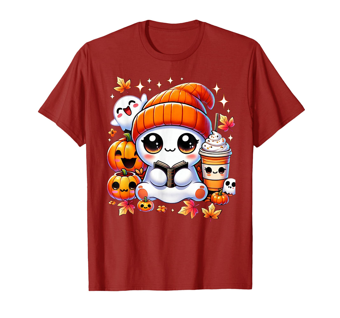 Cute Ghost Reading Book Pumpkins Fall Chocolate Halloween T-Shirt