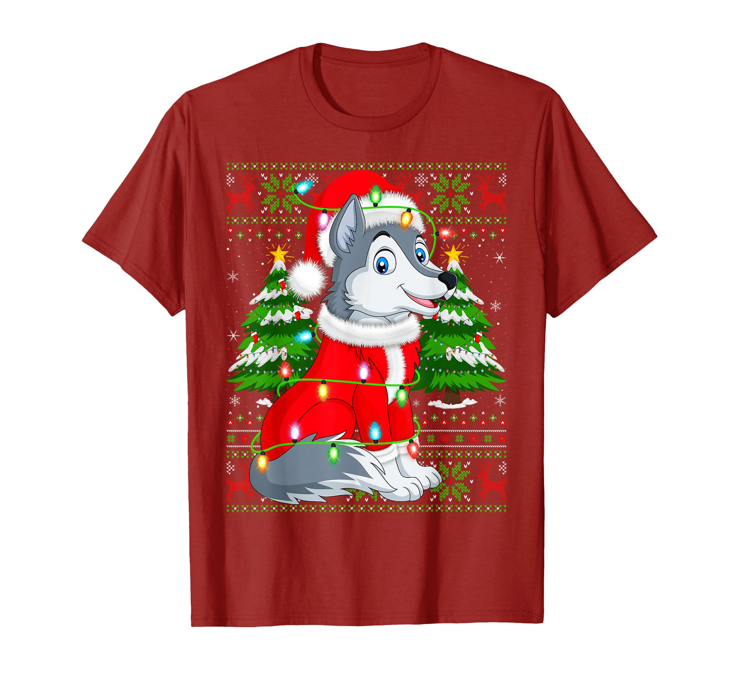 Wolf Christmas Lights Santa Costume Ugly Xmas Sweaters T-Shirt