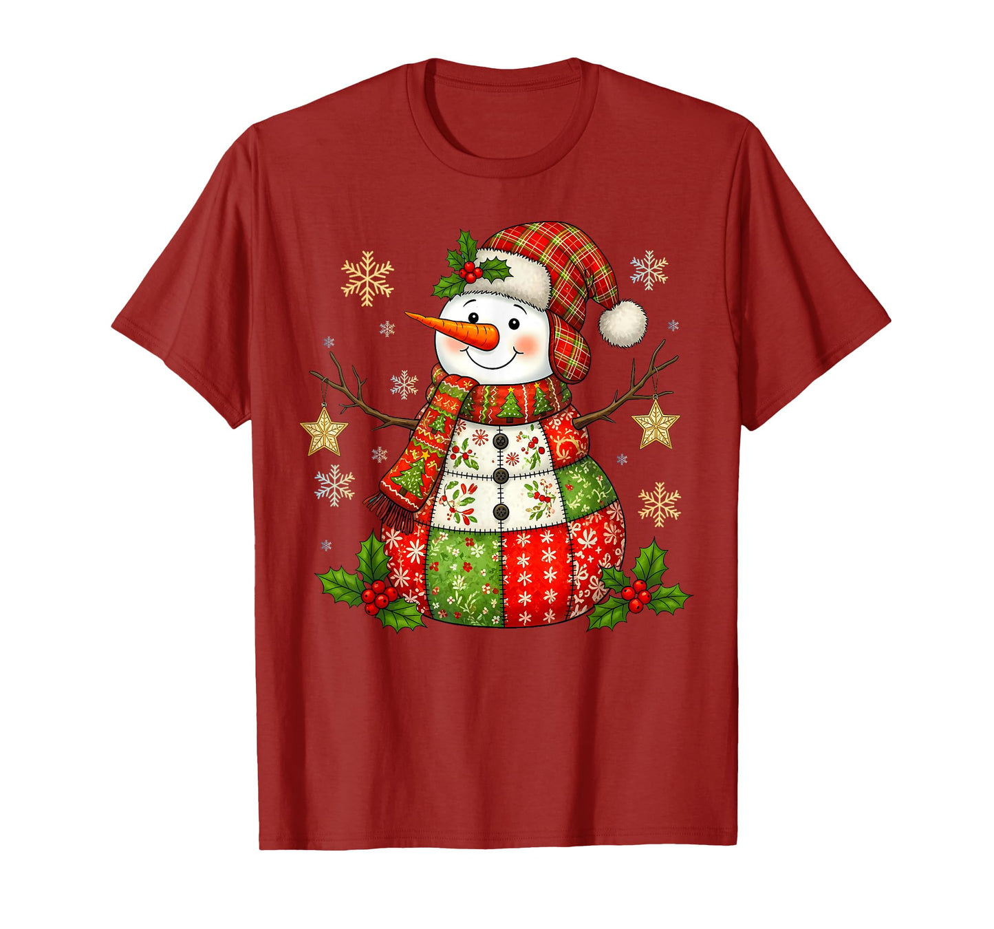 Funny Patchwork Christmas Snowman Tee Cute Women Men Kids T-Shirt