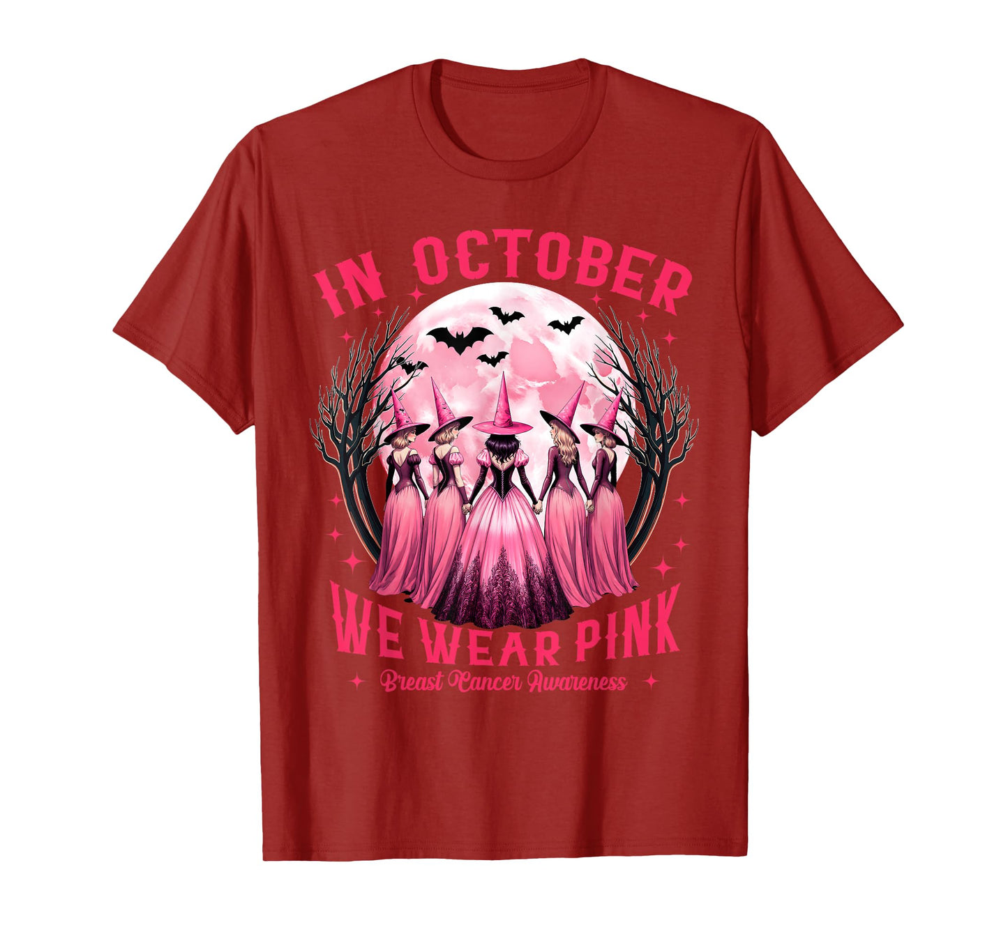 in October We Wear Pink Witch Halloween Breast Cancer Women T-Shirt