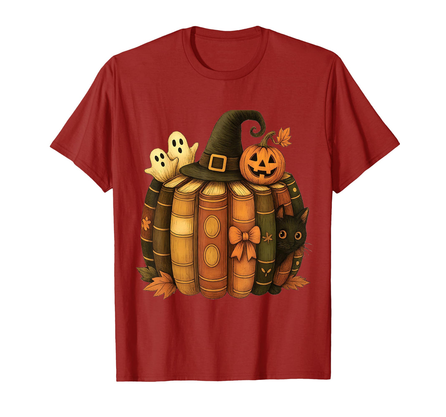 Black cat Witch hat Halloween Fall Book Pumpkin T-Shirt