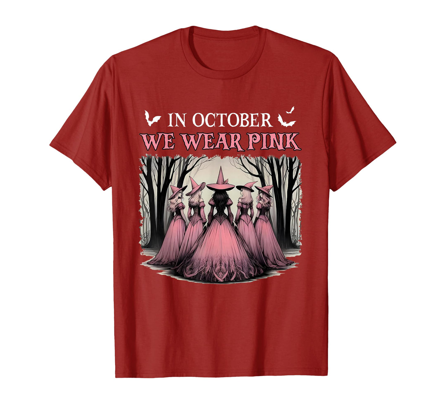 in October We Wear Pink Halloween Salem Witch Breast Cancer T-Shirt