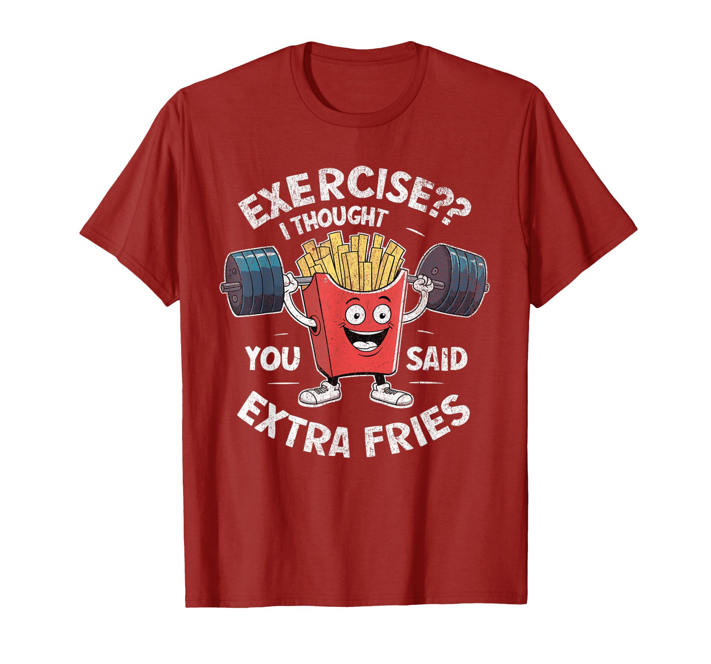 Funny Gym I Thought You Said Extra Fries Unisex-Adults Kids French Fry Workout Exercise Weight Lifting Gym T-Shirt Black Short Sleeve Cotton Blend Stretchable T-Shirt