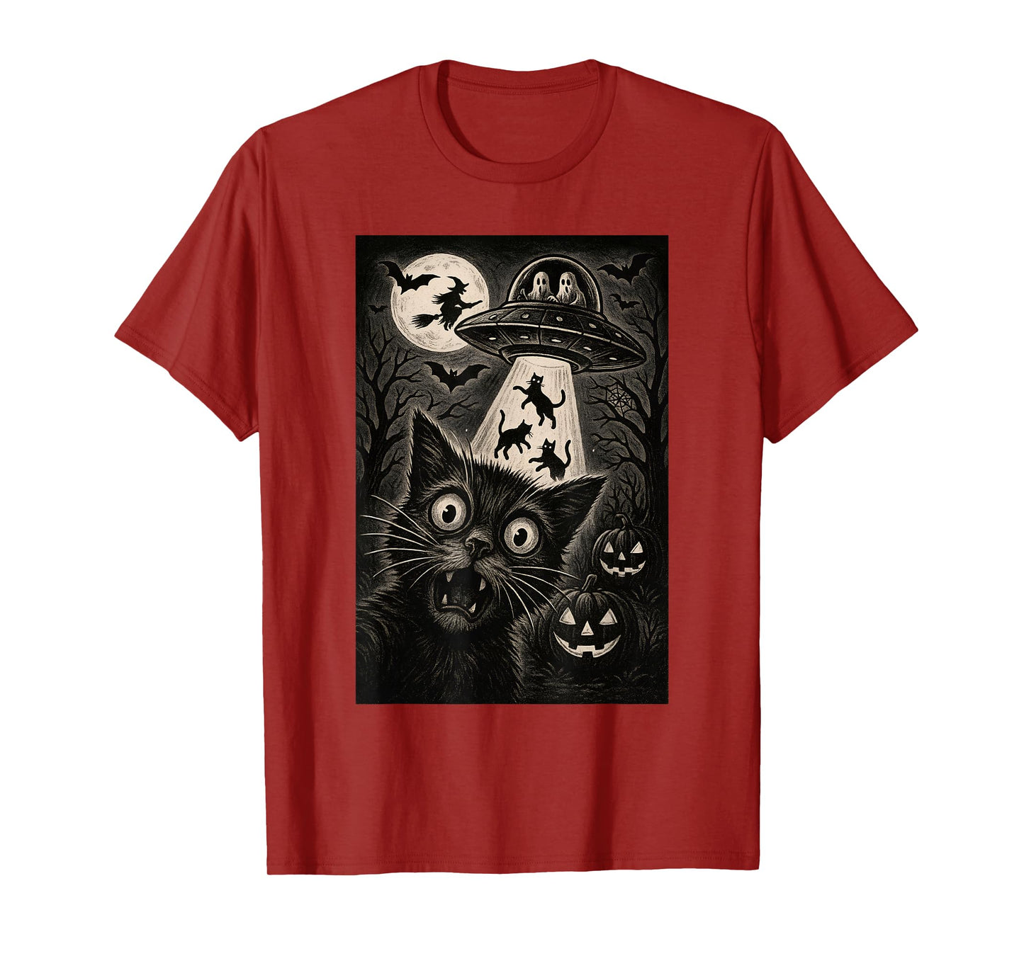 Halloween Cat Selfie Spooky Night Alien Abduction Cats UFO T-Shirt