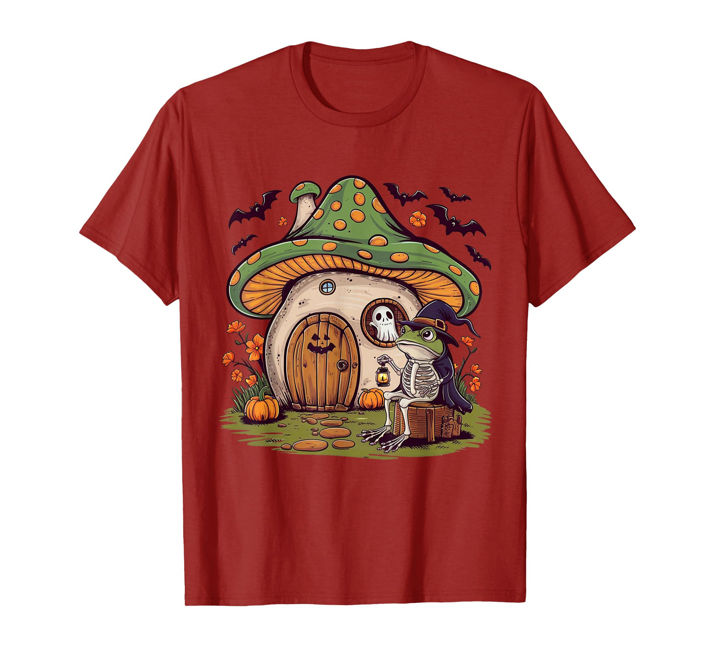 Frog Skeleton Mushroom House Funny Halloween Ghost Pumpkin T-Shirt