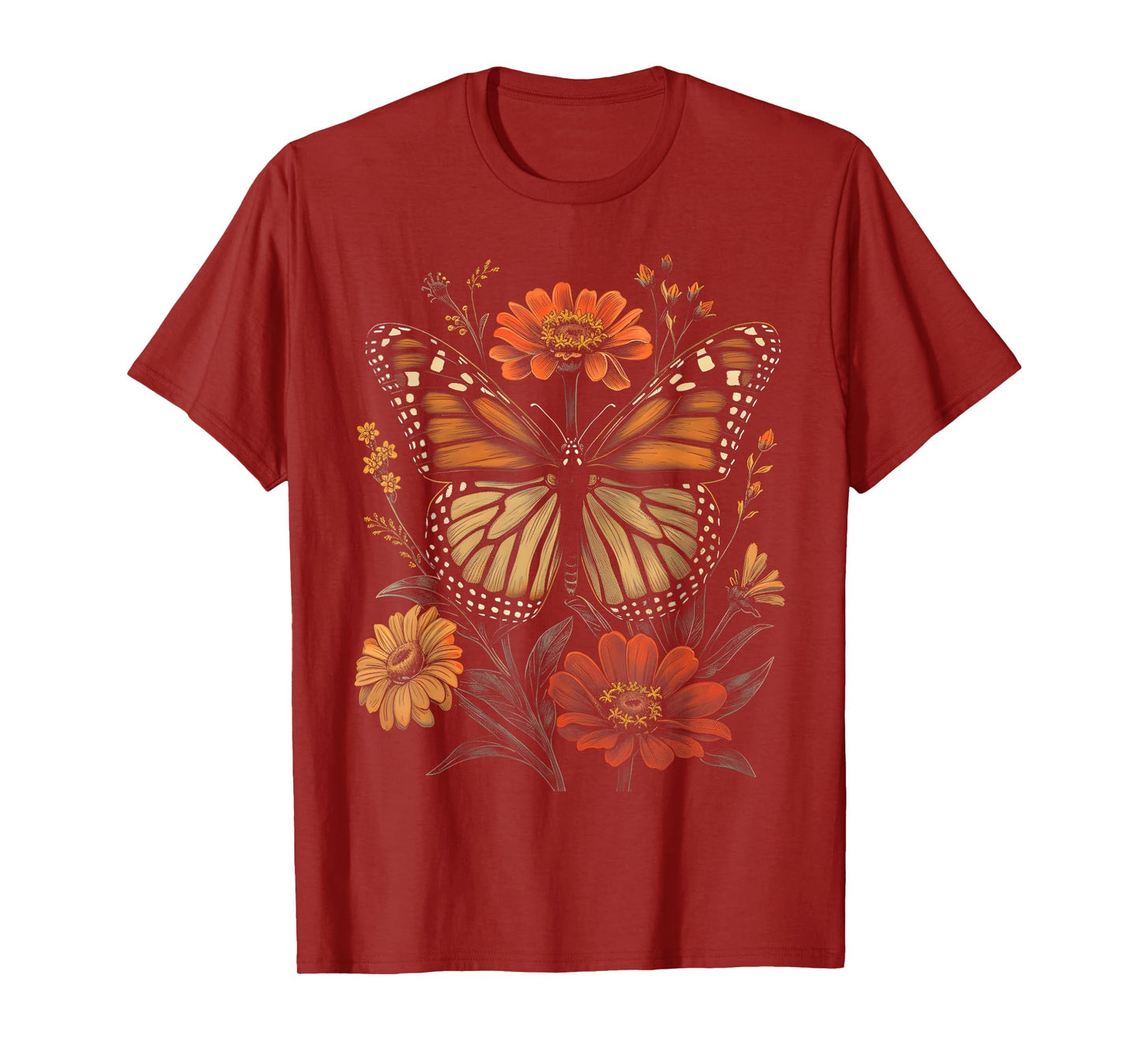 Vintage Monarch Butterfly Zinnias Flower Girl Plant Mom T-Shirt