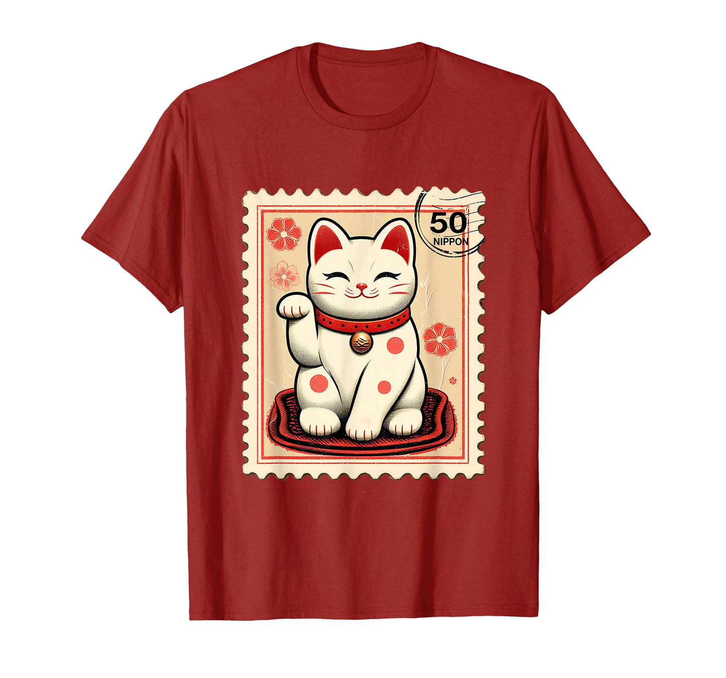 Maneki Neko Japanese Kawaii Lucky Cat Stamp Retro Aesthetic T-Shirt