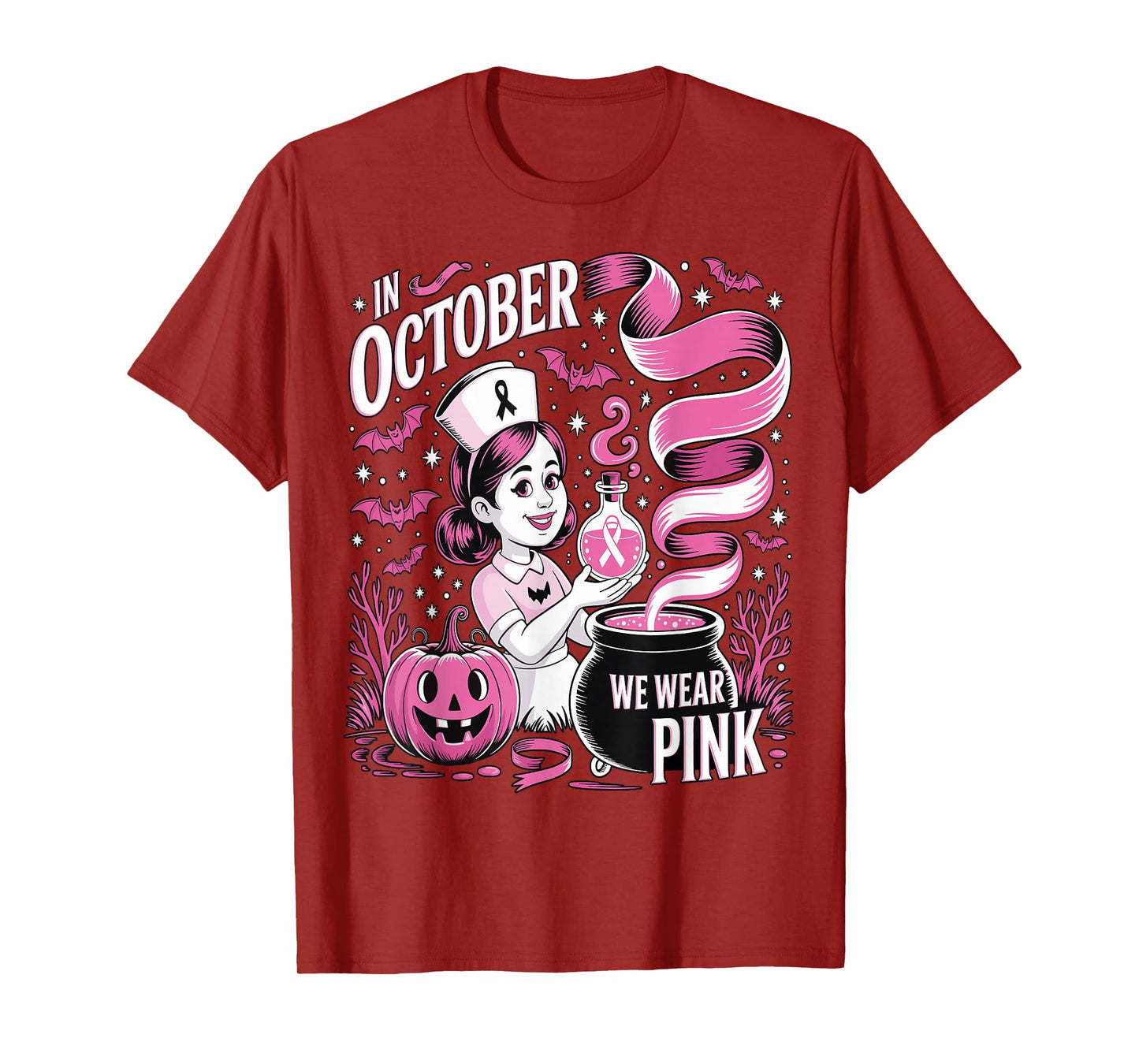 in October We Wear Pink Halloween Witch Nurse for Women T-Shirt