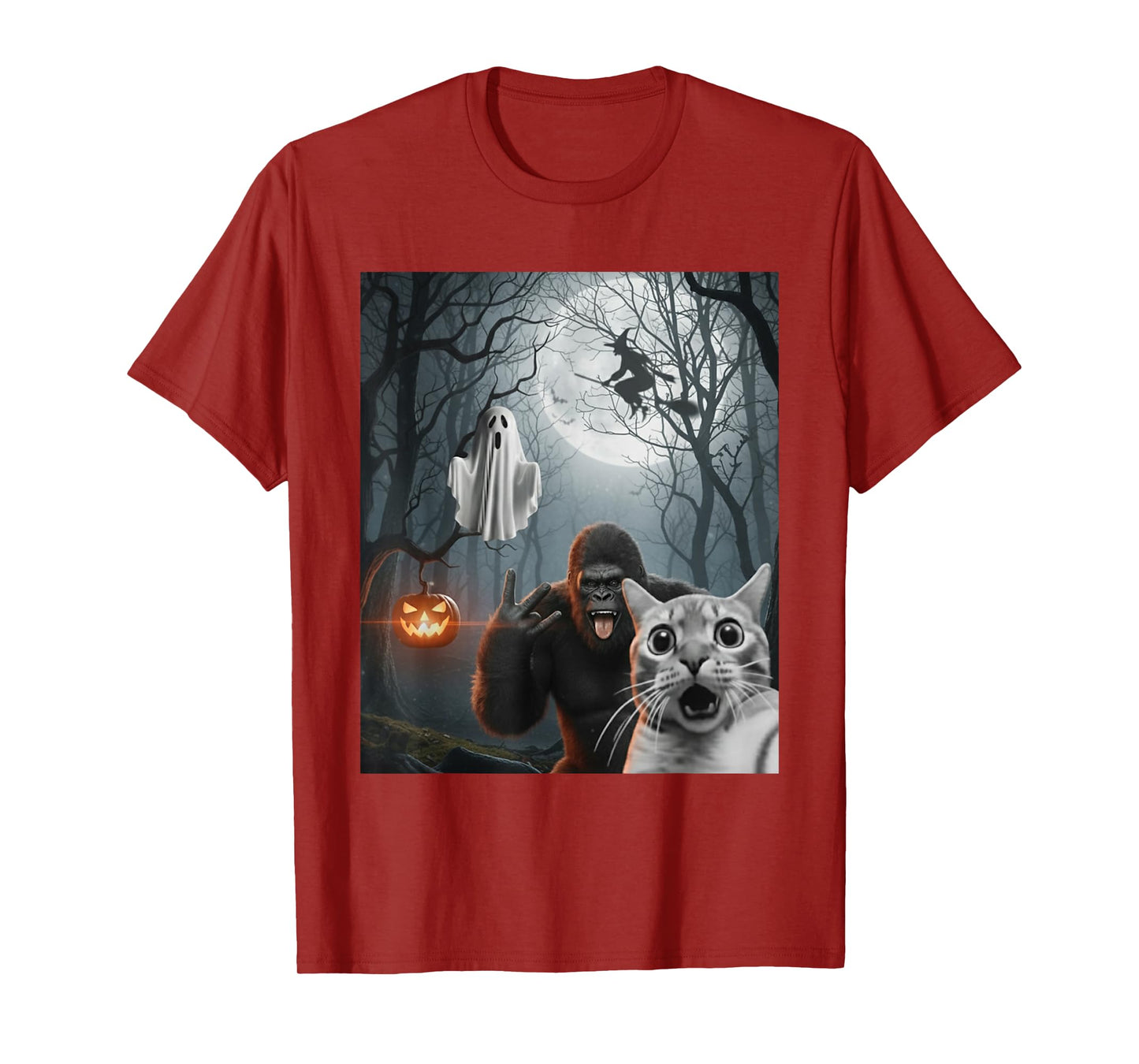 Funny Halloween Cat Selfie Ghost Bigfoot Costume Men Women T-Shirt