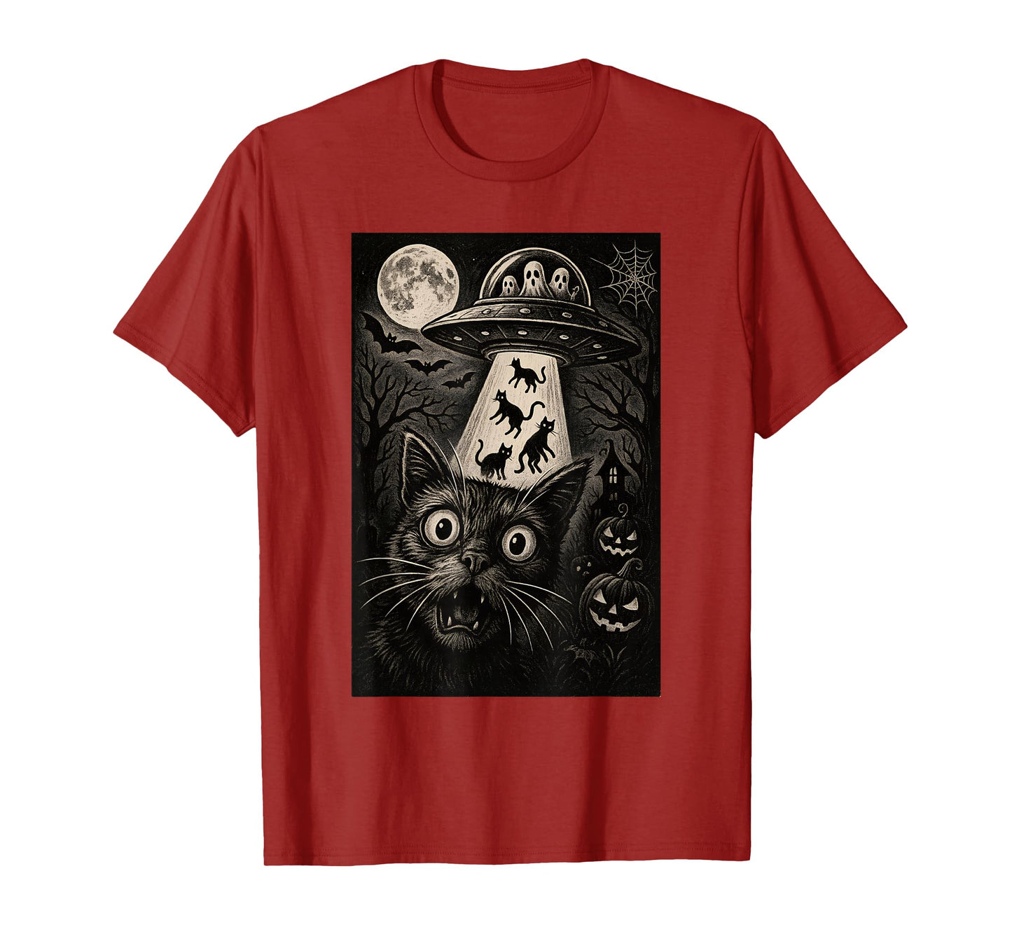 Halloween Cat Selfie Spooky Night Alien Abduction Cats UFO T-Shirt