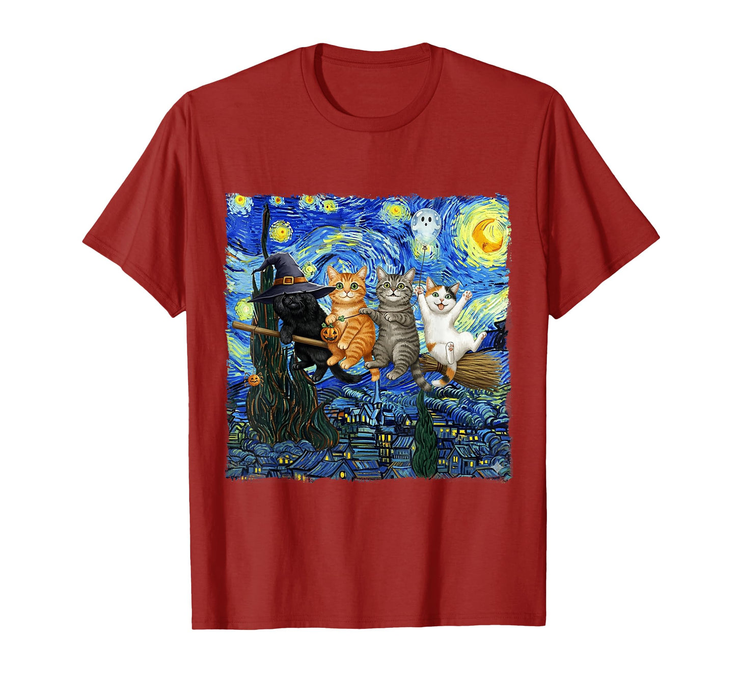 Starry Night Witch with Funny Cats Hanging on Broom Spooky T-Shirt